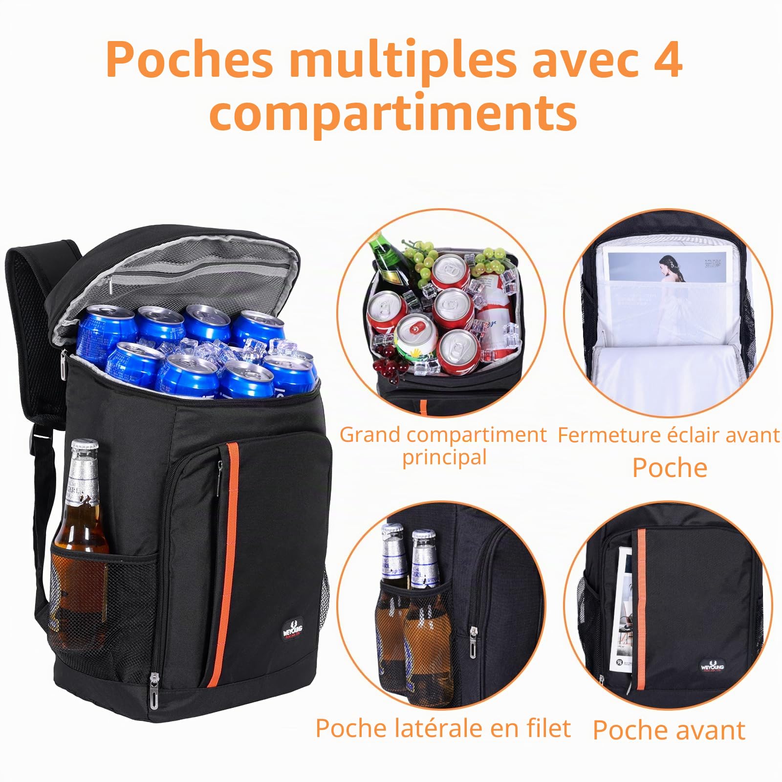 Sac à dos isotherme de 26 l - Extra large - Sac isotherme - Sac à dos de pique-nique étanche - Ultra léger - Pour homme et femme - Pour le camping, le barbecue, la randonnée, les pique-niques