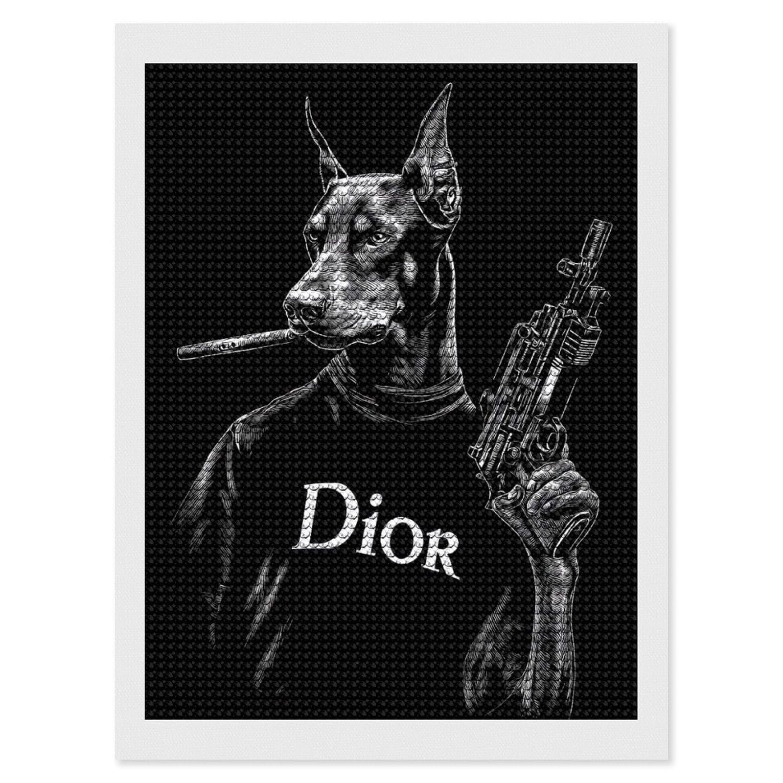 Junmoney Doberman with Cigar and Gun DIY Diamond Art Canvas Kit 12"x16", Relaxing DIY, Sparkling Crystal Beads, Vintage Style Decor, Holiday Gift Idea