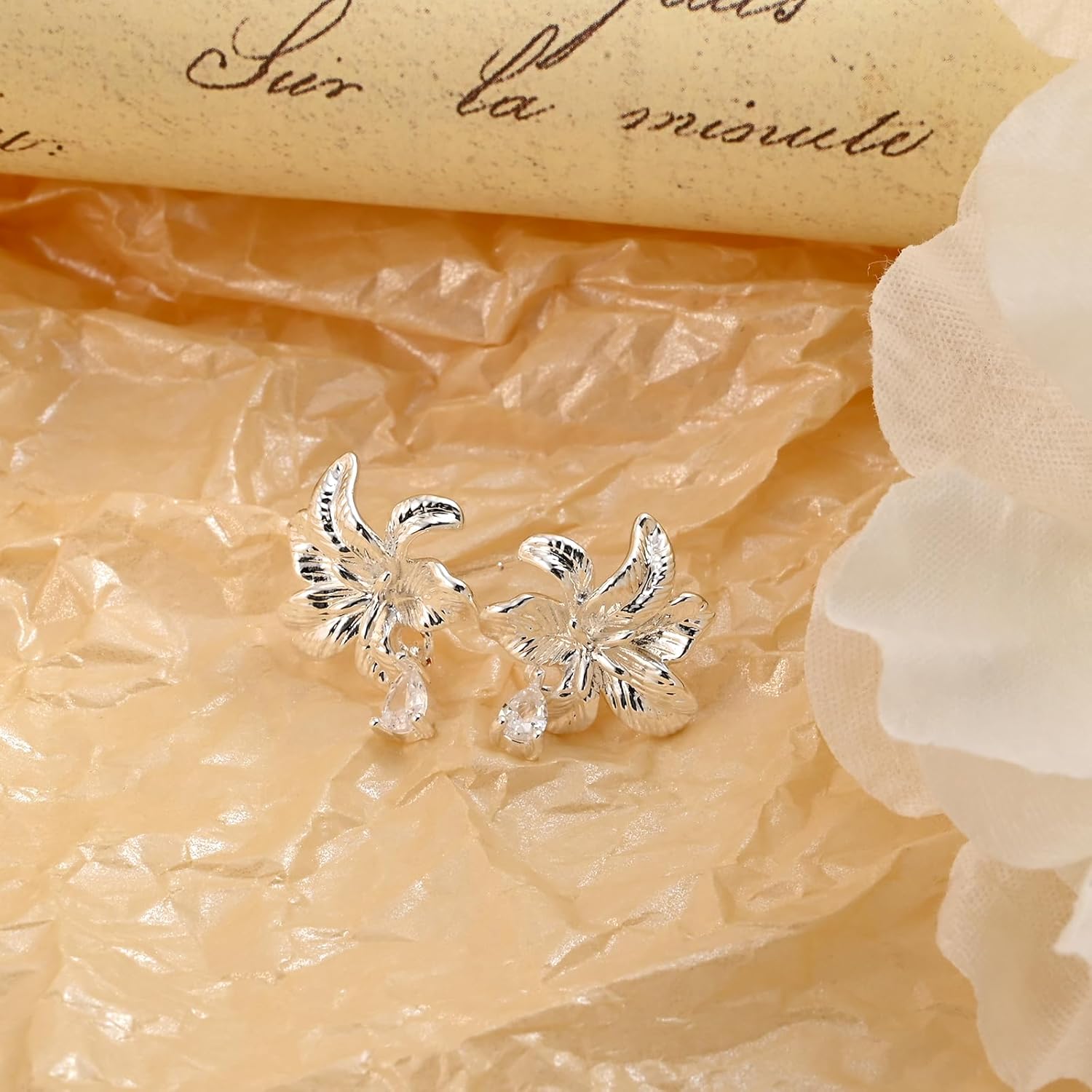 Large Silver Flower Stud Earrings for Women Orchid Earrings with Sparkly Teardrop Cubic Zirconia - Image 7