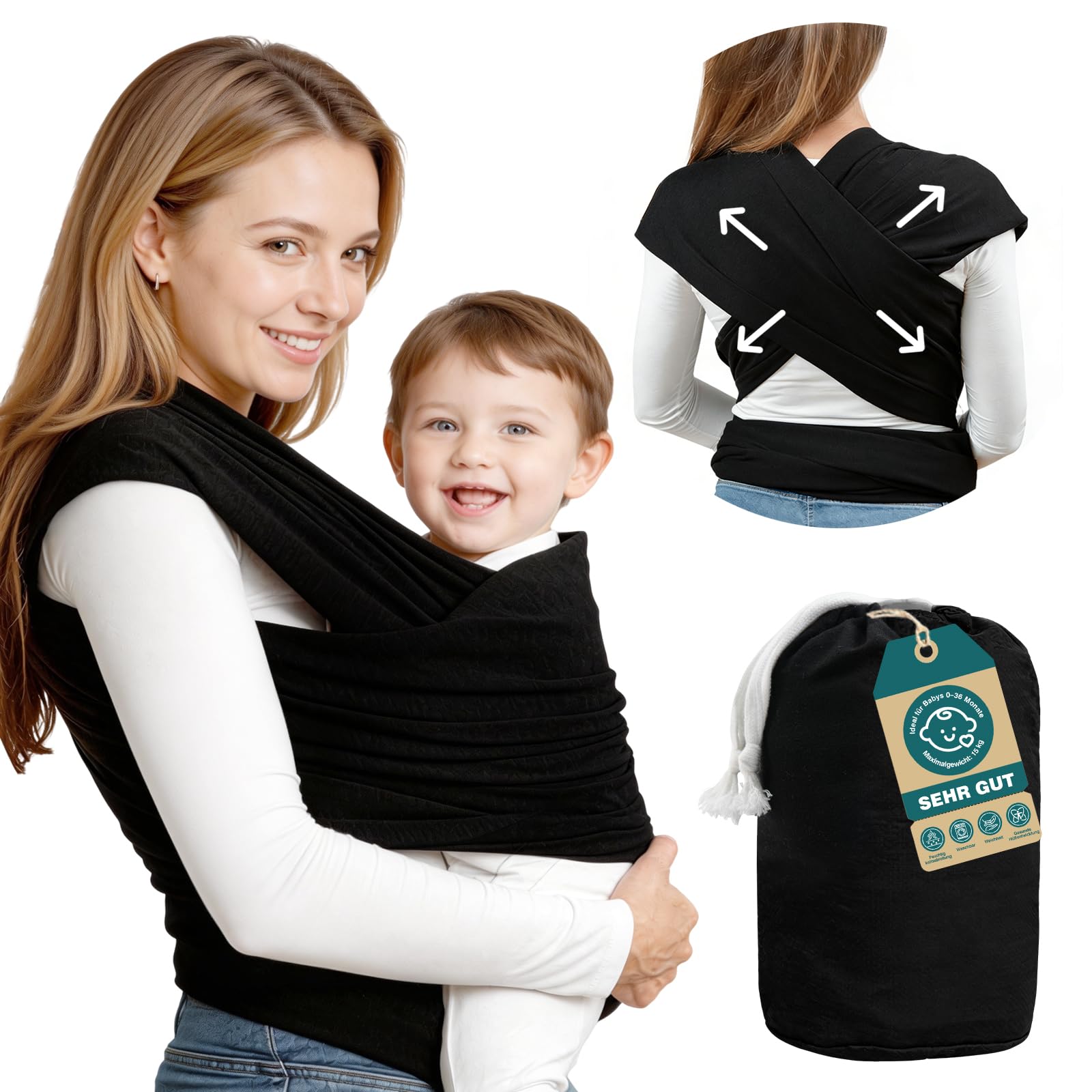 Fular Portabebé para recién nacidos, Pañuelo Porteo Ergonómico, Bufanda de transporte manos libres ligera, Porta Bebés de Tela Suave y Elástico, Fular Porteo Mochila multiusos apropiada hasta 15 kg - 2