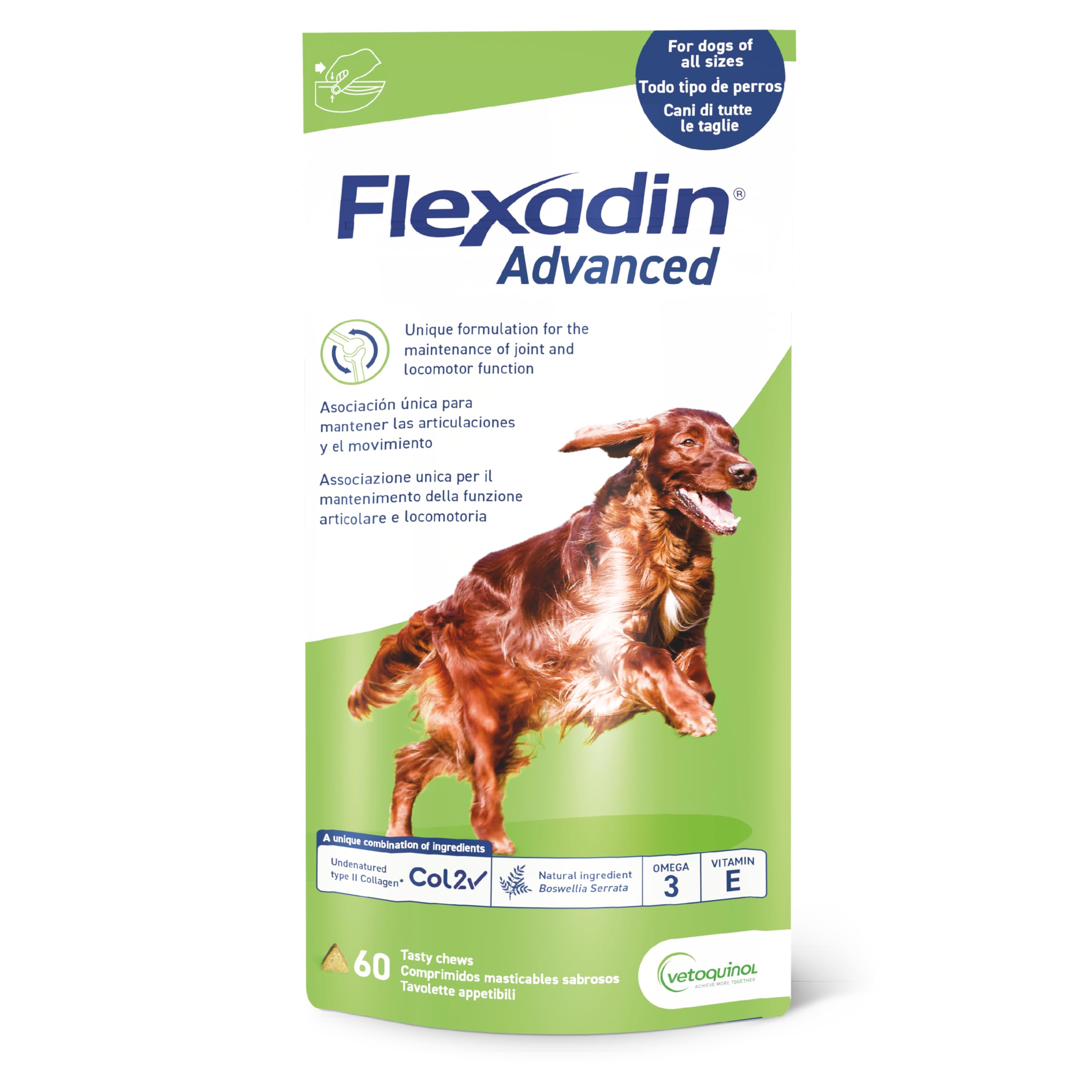 Vetoquinol Flexadin Advanced Cane | Mangime complementare per Cani | Ideale per il supporto delle articolazioni anche in corso di Osteoartrite | 60 Tavolette Appetibili, 1 tavoletta al giorno