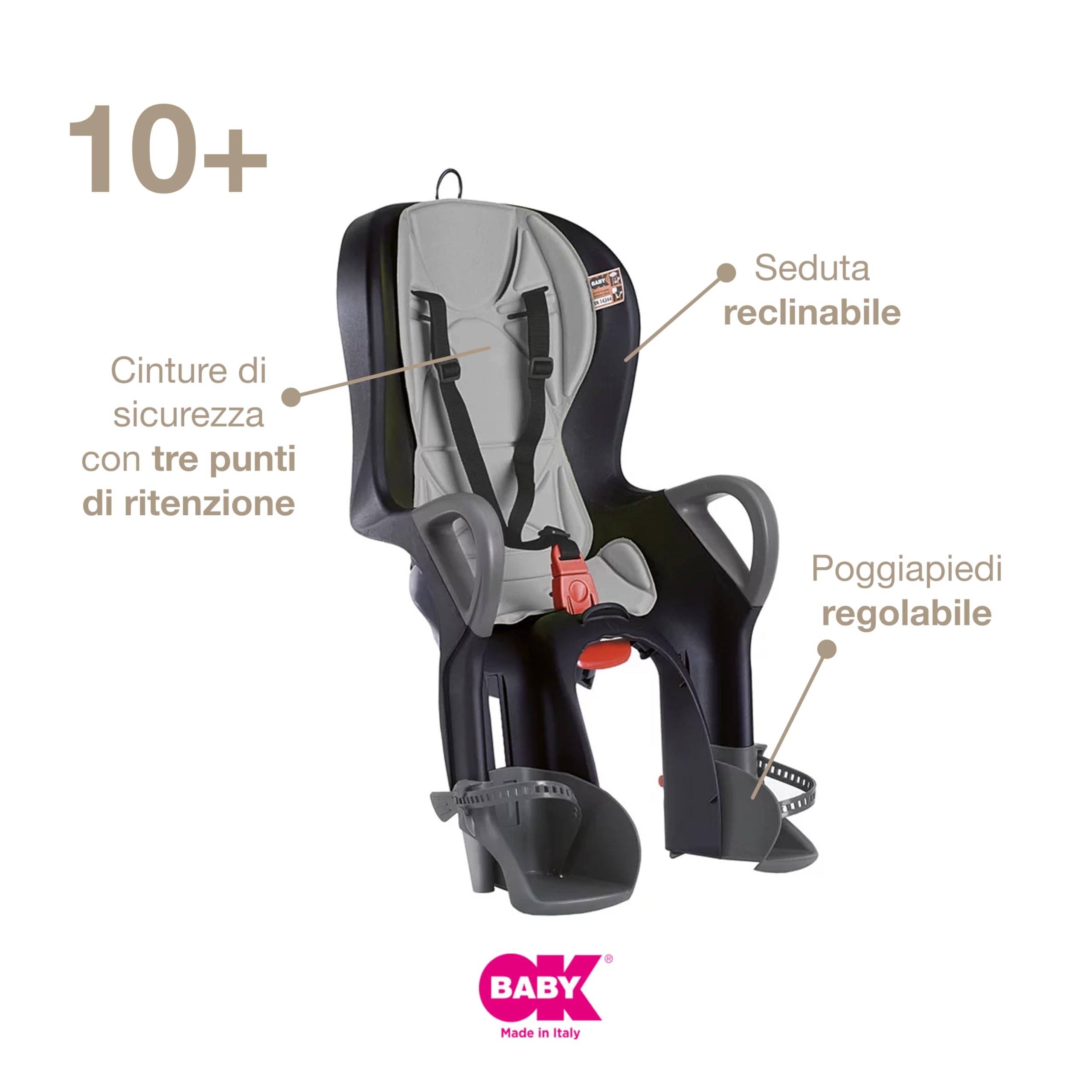 OKBABY 10+ - Seggiolino da Bicicletta Posteriore per Bambini Fino a 22 kg, Reclinabile