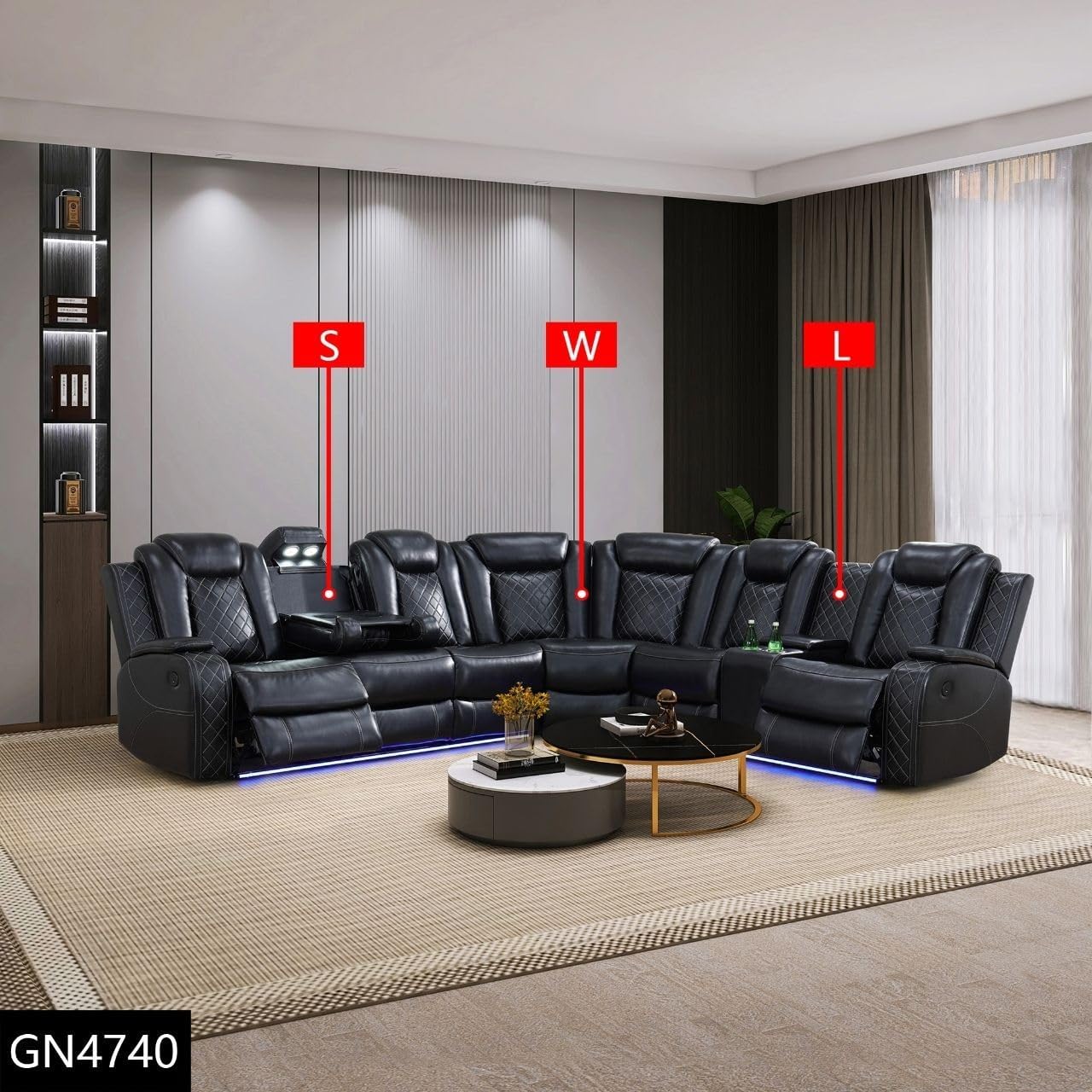 Recliner Sofa Black Breathing Leather Living Room ﻿ LED Lighting USB Charging Cup-Holder
