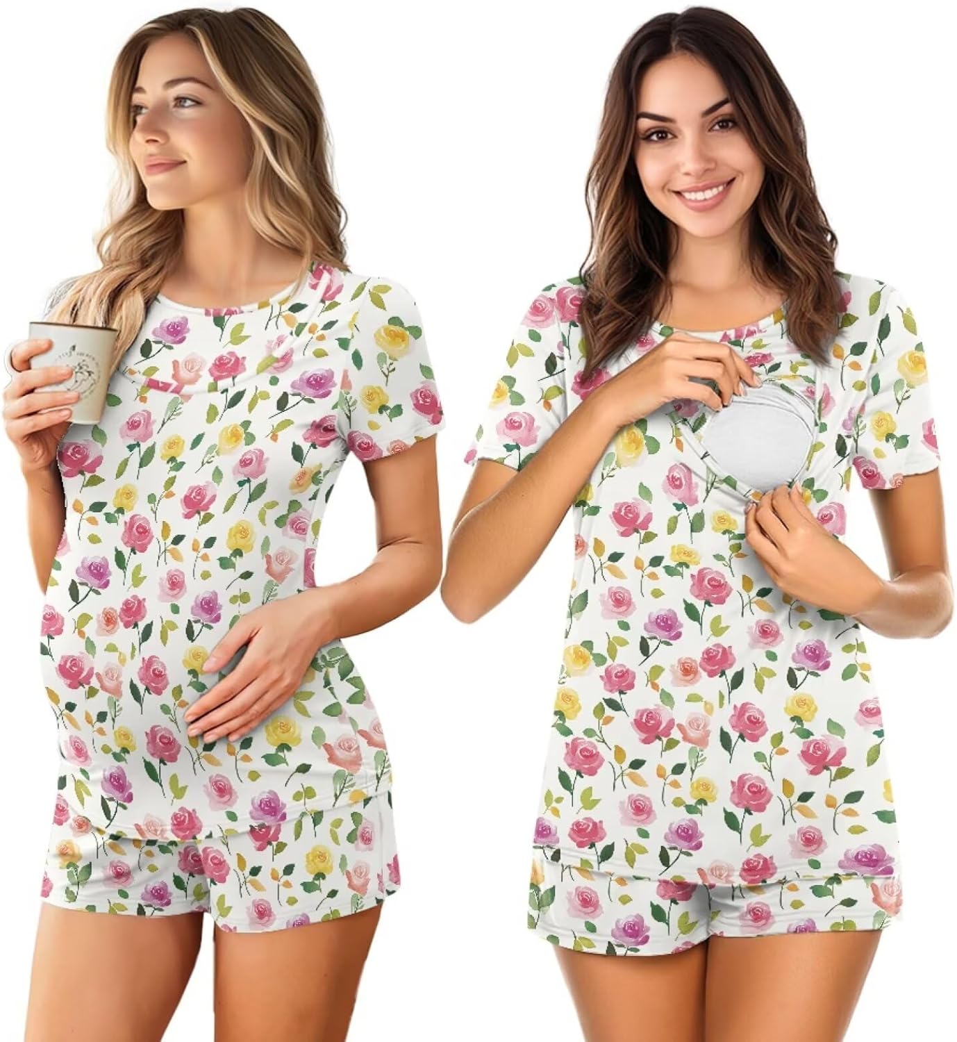 Women's Maternity Nursing Pajama Sets Short Sleeve Postpartum Pajamas Soft 2 Piece Loungewear Set