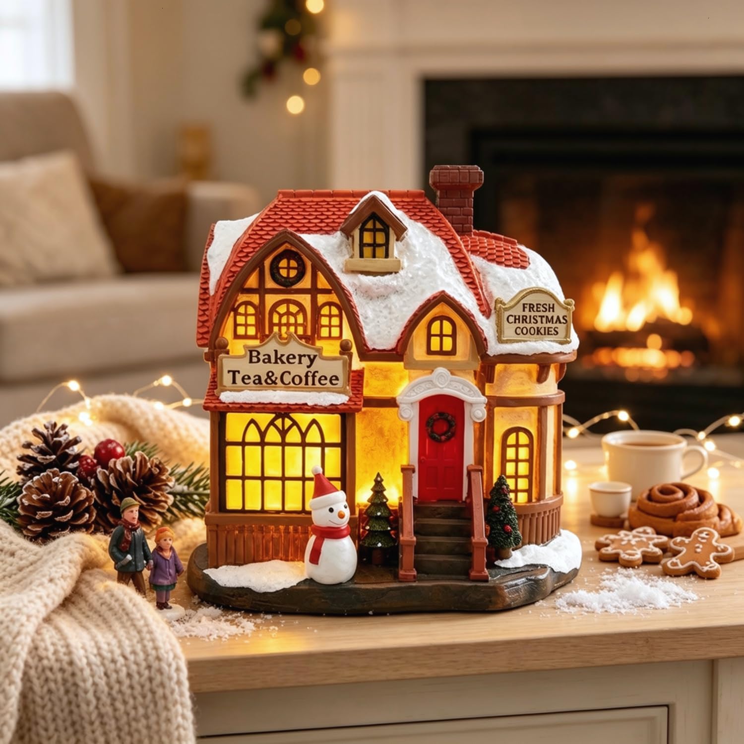 Beleuchtetes Weihnachtsdorfhaus, 16,5 cm, Kunstharz, kleine Weihnachtshäuser, Dorf, batteriebetrieben, Bäckerei für Weihnachtsdekorationen, Tischdekoration