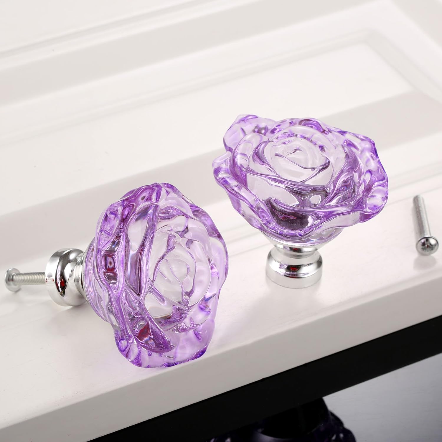 Yetaha Glass Cabinet Knobs, 5PCS Purple Crystal Clear Pulls Rose Shape Dresser Handles for Drawer Cupboard Bathroom Kitchen Furniture Hardware Decoration, with Screws