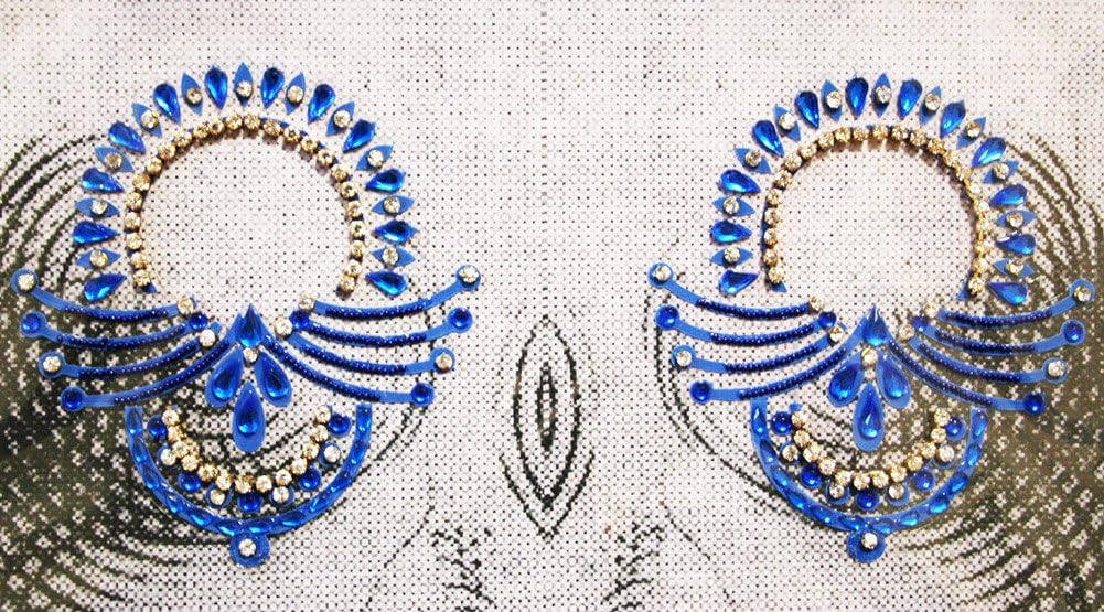 BLUE Burlesque Pasties Costume Lingerie Vajazzle - Intimate Classic Crystal Vajazzle Nipple & Breast Stick on Jewel Pasties