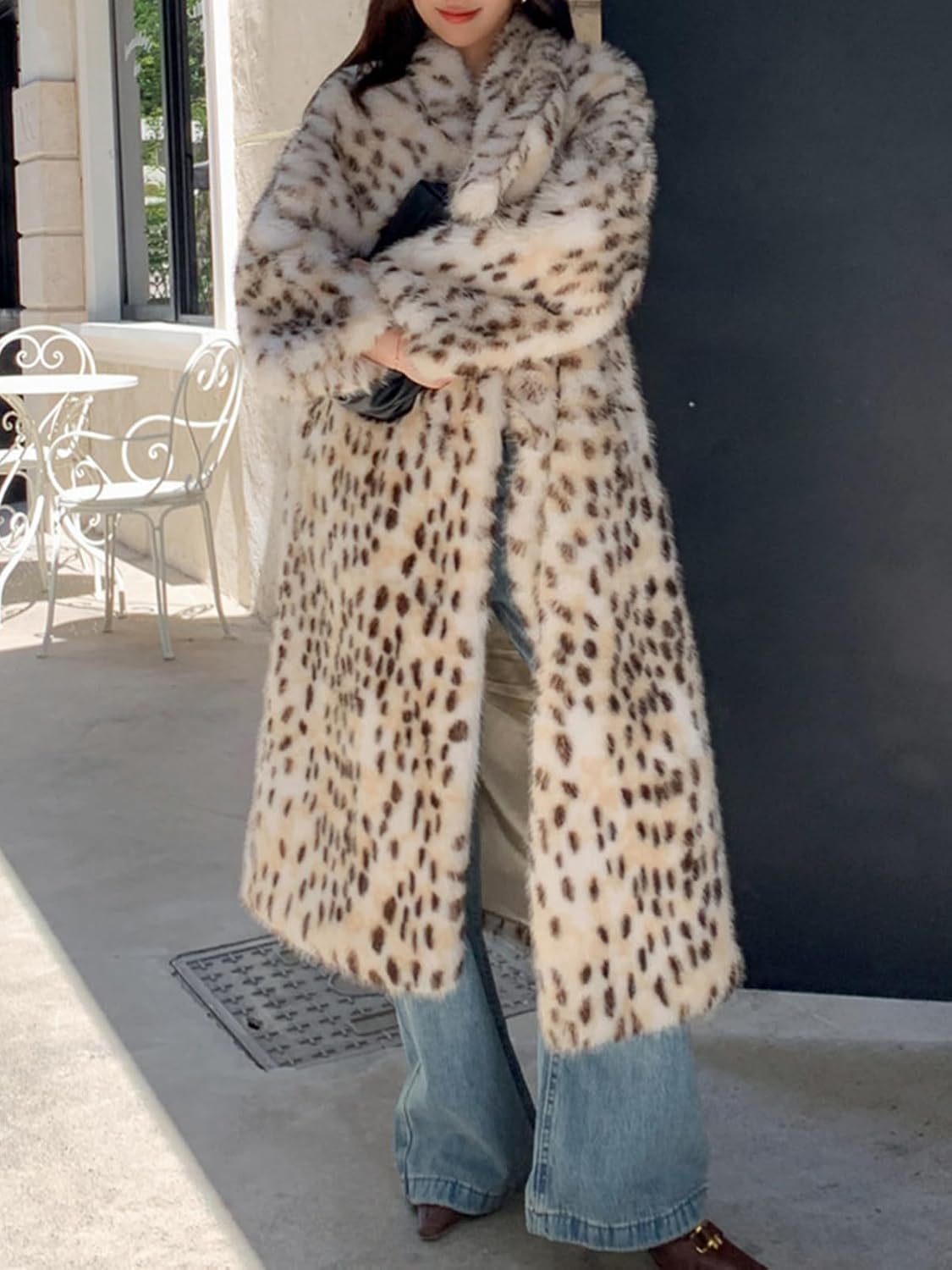 Womens Faux Fur Leopard Long Coat Lapel Cardigan Fur Jacket Winter Thermal Outerwear