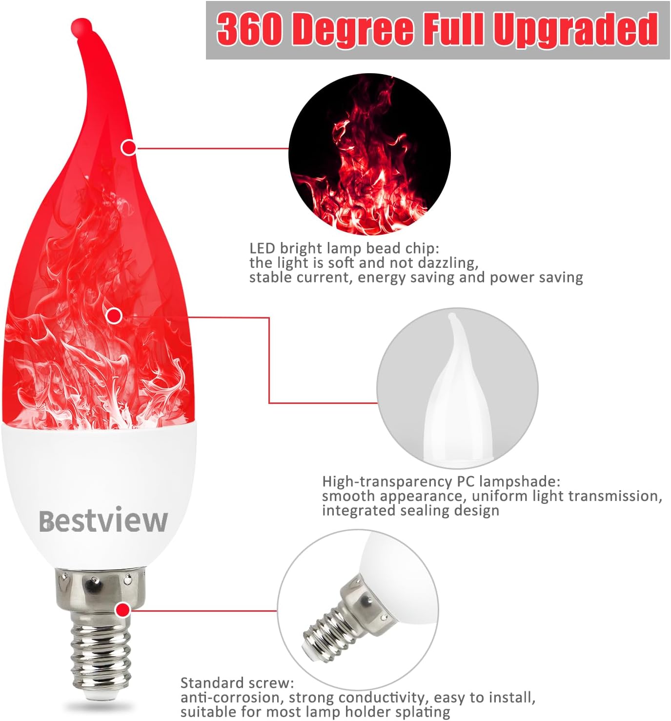 Bestview LED Flame Effect Light Bulbs,3 Modes Flickering Light Bulbs, Smart E12 Chandelier Base Candle Fire Light Bulb for Halloween, Christmas, Porch Indoor&Outdoor Home Decoration -6 Pack(Red)