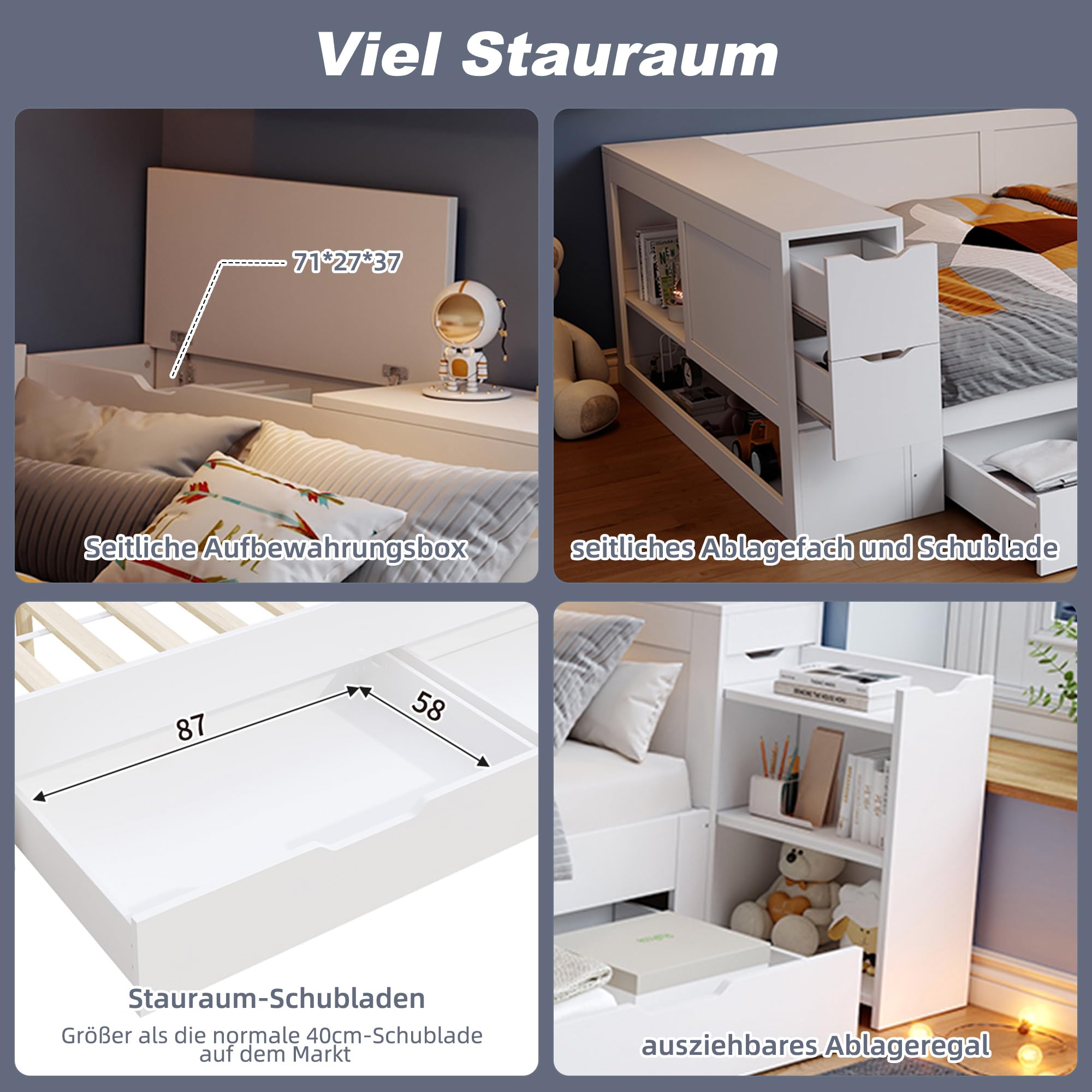 Kinderbett 140x200 cm, Doppelbett mit Regalen und Stauschrank, Stauraumbett mit Schubladen, Bettkasten mit Nachttischen, für Erwachsene und Jugendliche, Weiß, ohne Matratze