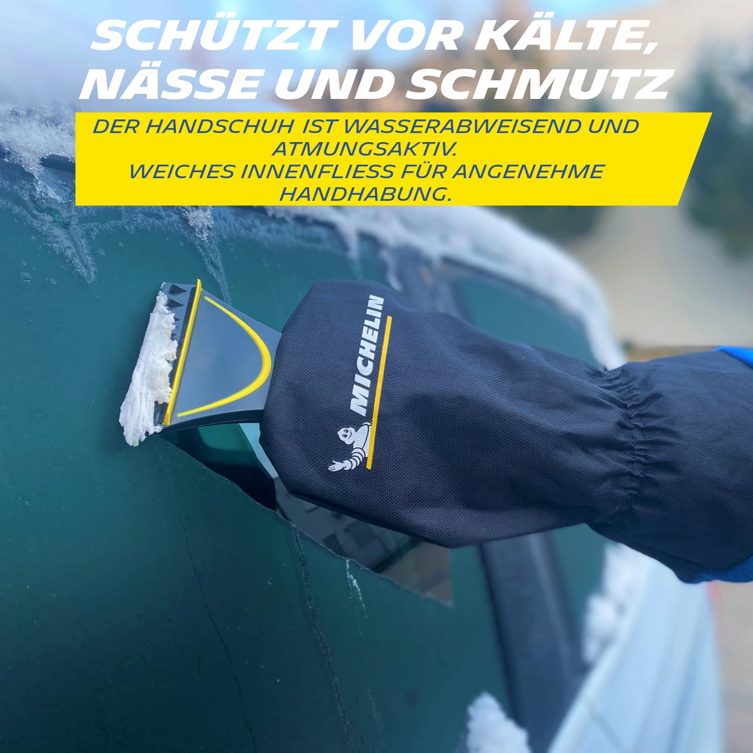 MICHELIN Skrobaczka do lodu z rękawicą, skrobaczka do lodu z wodoszczelną rękawicą, unisex, czarna/żółta