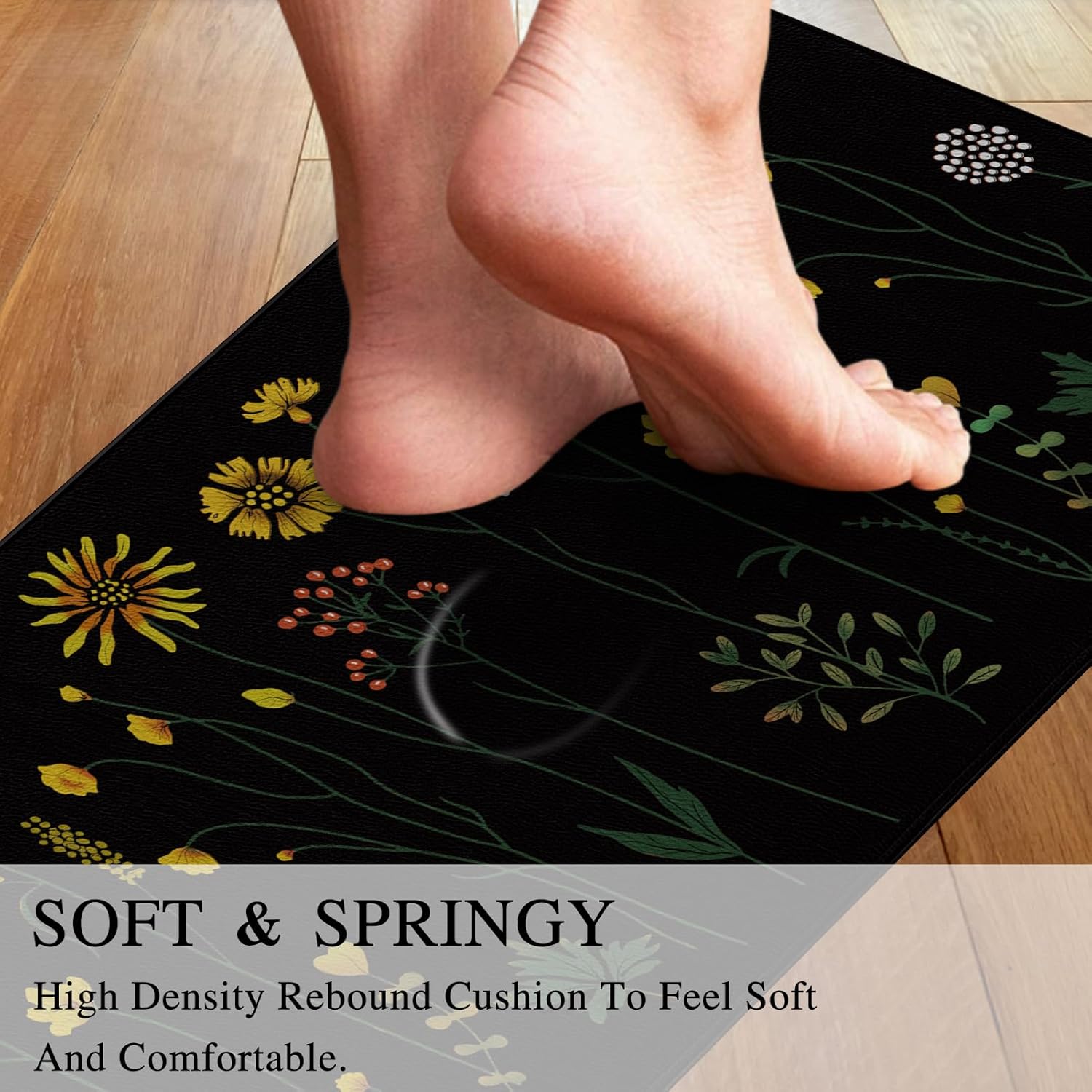 Rempry Colorful Floral Kitchen Mat for Floor, Non Slip Kitchen Rugs and Mat Set of 2, Waterproof Cushioned Anti Fatigue Kitchen Mat, 17"x47"+17"x29", Black