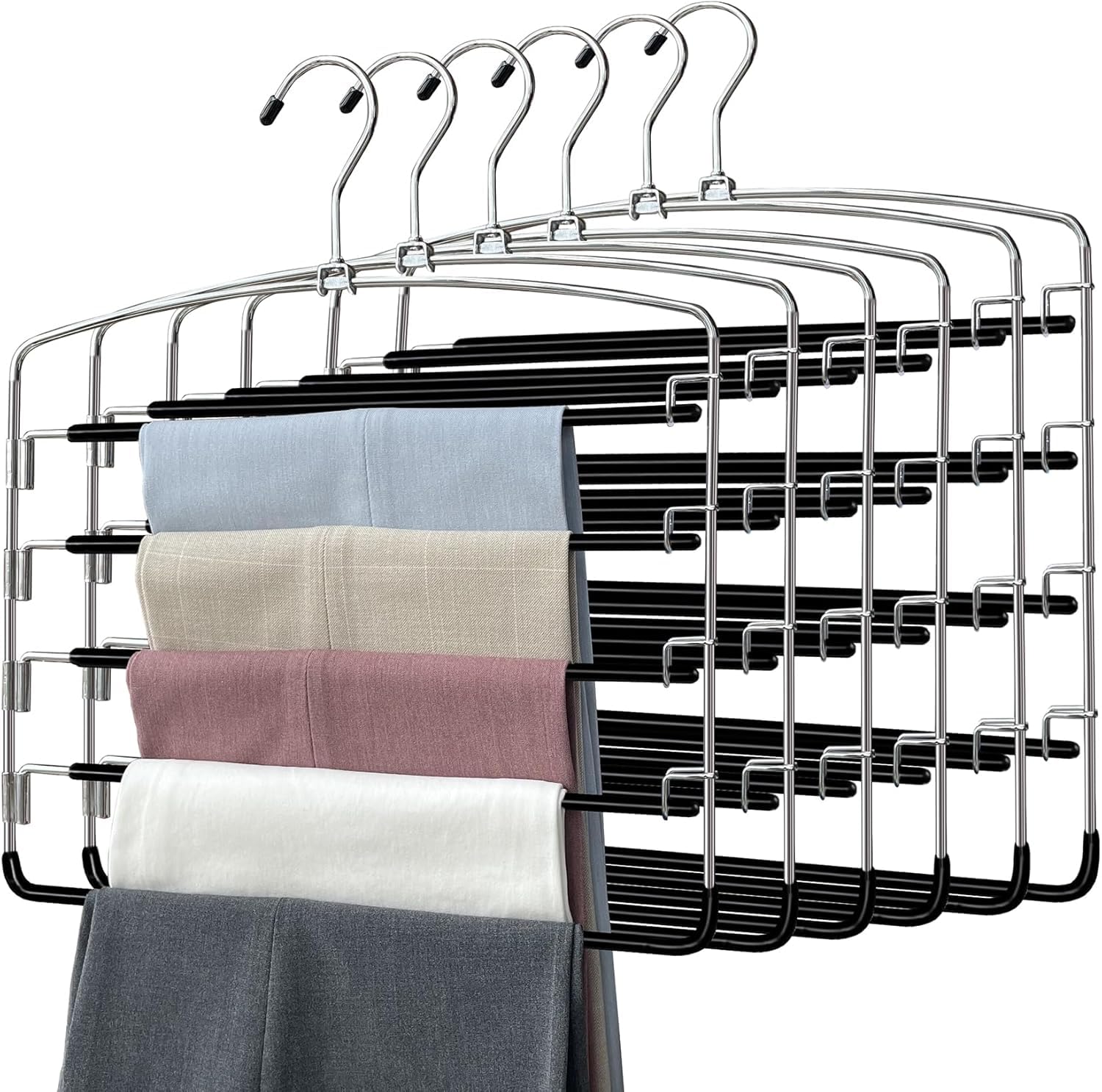 Hosenbügel, platzsparend, 6 Stück, rutschfeste Kleiderbügel, platzsparend, mehrlagiger Schwungarm, Edelstahl-Hosenbügel mit rutschfester Polsterung, Schrank-Organizer für Hosen, Jeans