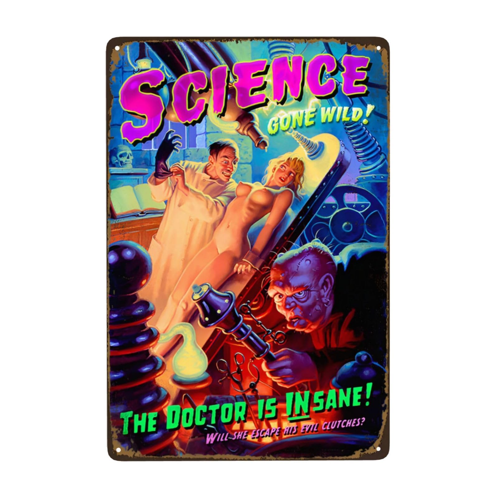 Vintage Metal Sign, Science Gone Wild Pin Up Girl Tin sign, Funny Decor Poster for Home Man Cave Bar Garden Garage Wall Plaque Iron Sign 20 x 30 cm
