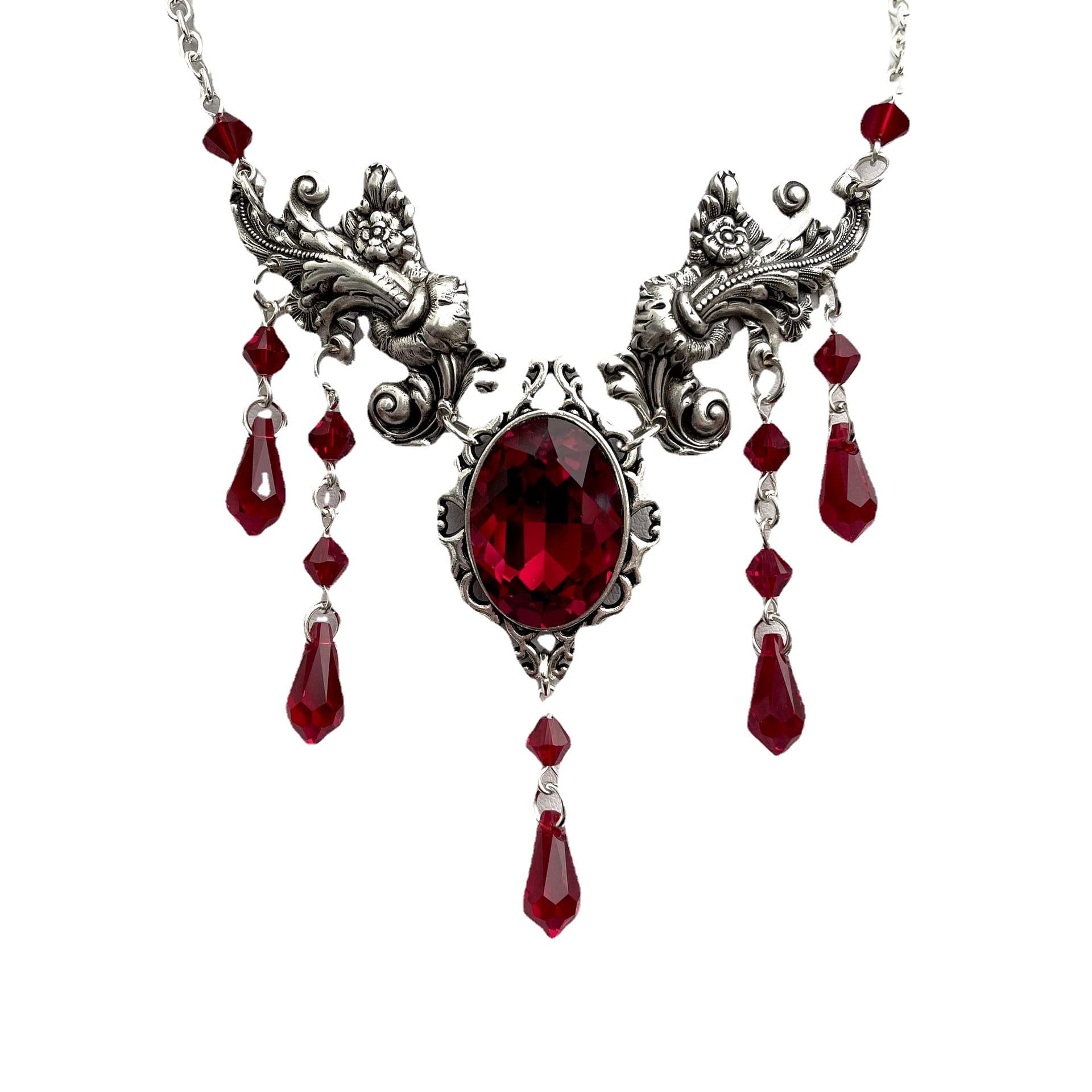 Esny Women's Red Gem Pendant Necklace Flower Pendant Sweater Chain,Prom Rhinestone Collarbone Necklaces For Daughter Vintage Gift