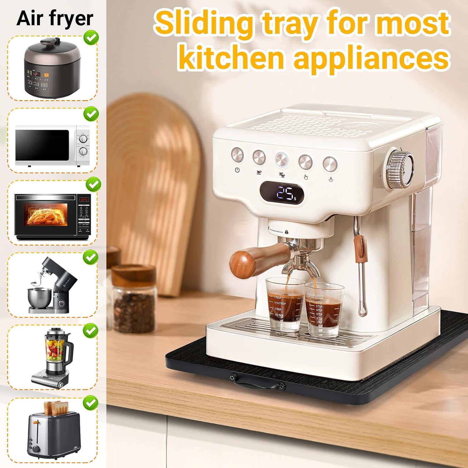 Sliding Tray for Coffee Maker, 360° Rotating Appliance Slider for Kitchen Appliances, Wooden Sliding Tray Suitable for Kitchen Countertops and Kitchen Appliances(Black, Large)