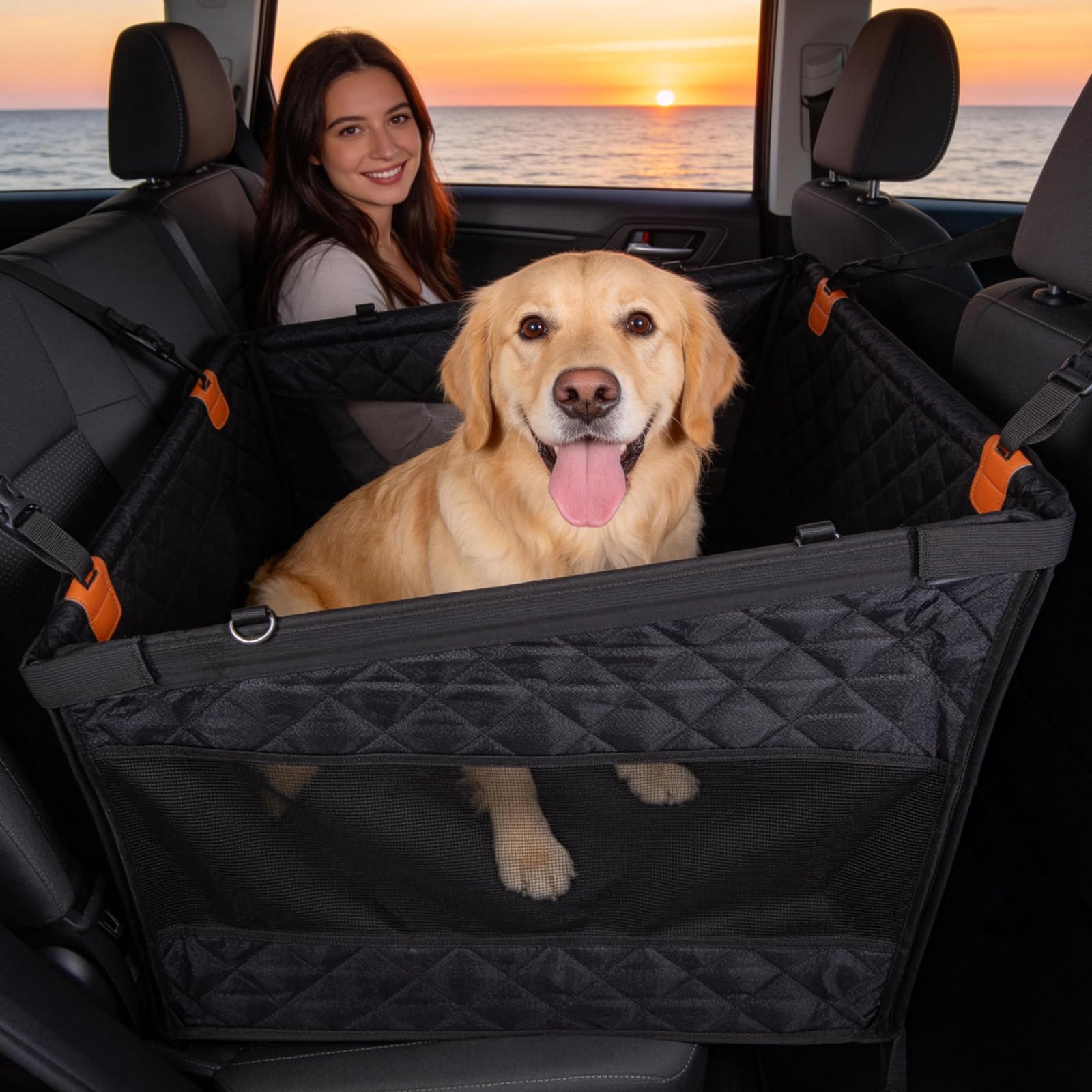 Verstärkter Hunde Autositz für Mittlere und Große Hunde, Hunde Autositz Rückbank mit 3 Befestigungsgurten, Extra Stabil, rutschfest, Faltbar & Waschbar, Kratzfest, Hundesitz Rückbank XL 72×59×55 cm