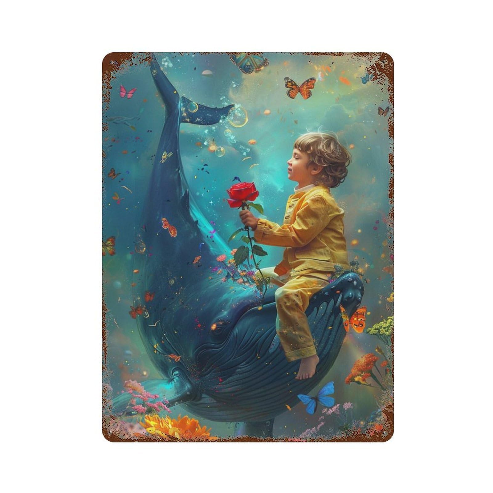 Whale, Child, Flower, Fantasy 15.7"x11.8" Vintage Rust Metal Sign, Classic Wall Plaque for Pub, Kitchen And Man Cave Decor