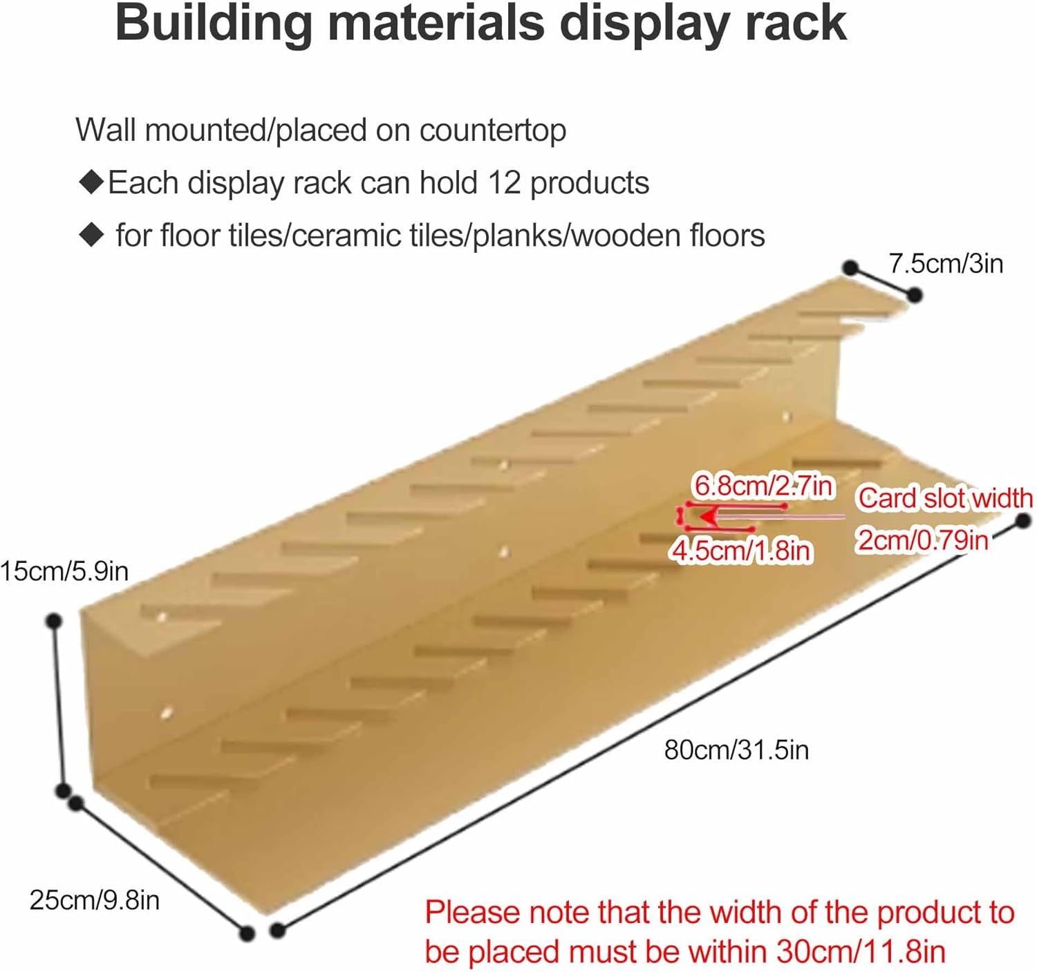 Tile Samples Display Rack, Small Metal Organizer Shelf, Marble Slab Organizer Shelf, Wall-Mounted Design Tile Store Display, for Retail Stores/Trade Show Display(Gold,80 * 25 * 15cm)