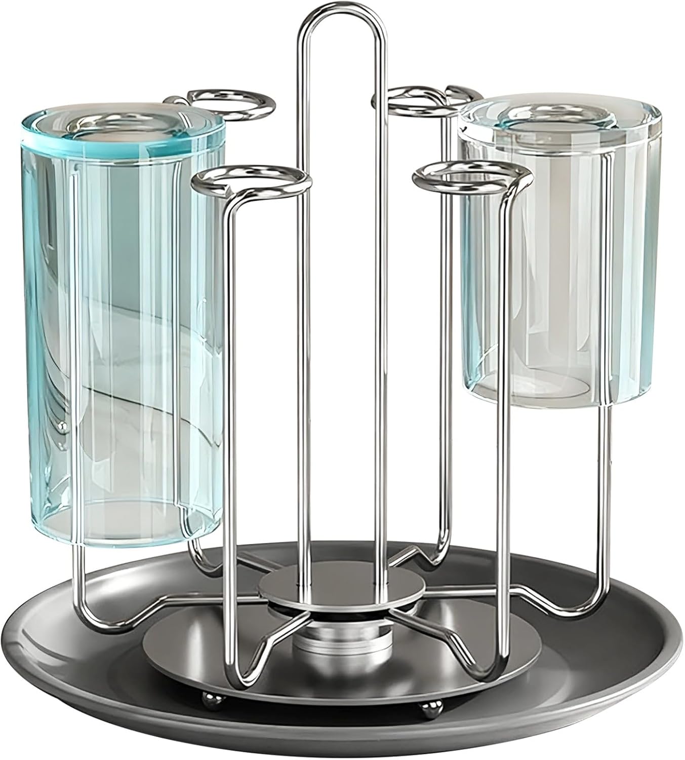4 Cups Mug Drying Rack, Rotating Bottle Drying Rack, Stainless Steel Countertop Cup Drying Rack with Drain Tray, Space Saving
