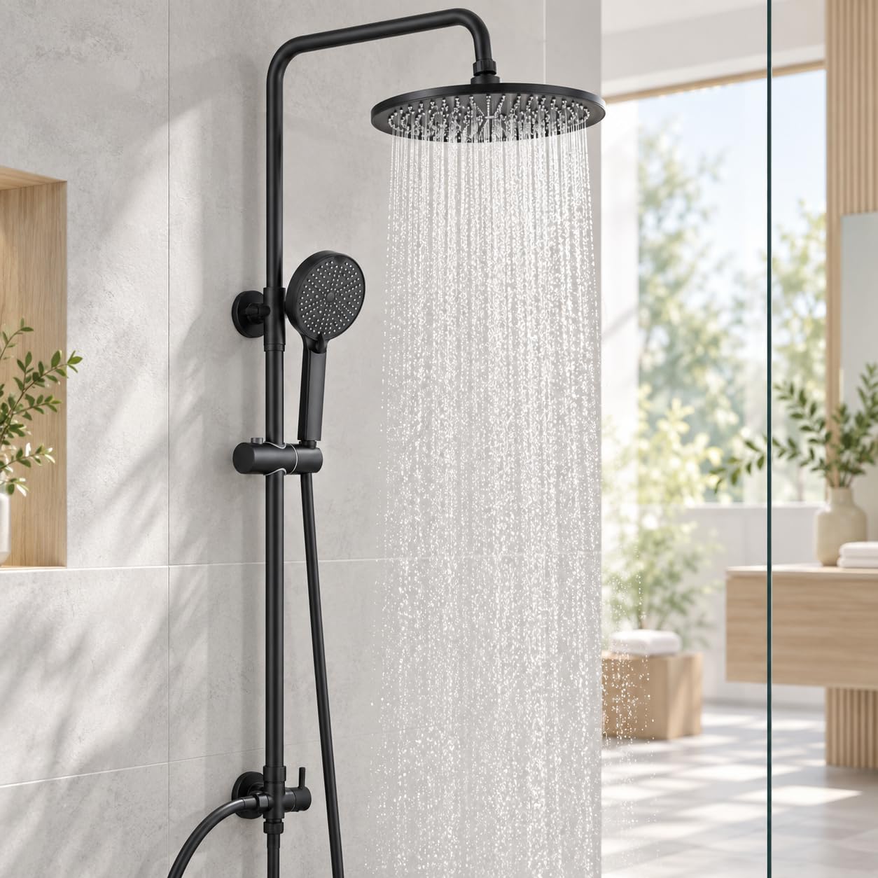 Black Rainfall Shower Head and Hose Set, 10" Rainfall Shower with Adjustable 65CM-110CM Slide Bar, 4-Function Handheld with Jet, Flexible Black Shower Hose, Universal Bathroom Fixtures, Easy Retrofit