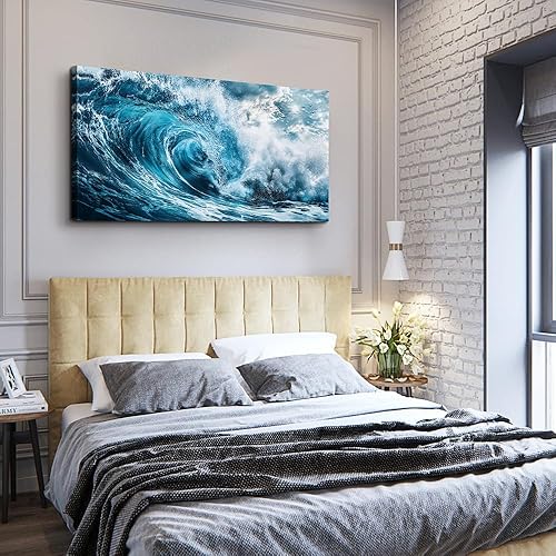 Miniatura 7 de ERQINHUA Lienzo de ondas azules para pared, arte de pared para sala de estar, decoración de pared para dormitorio, imágenes de inspiración oceánica,