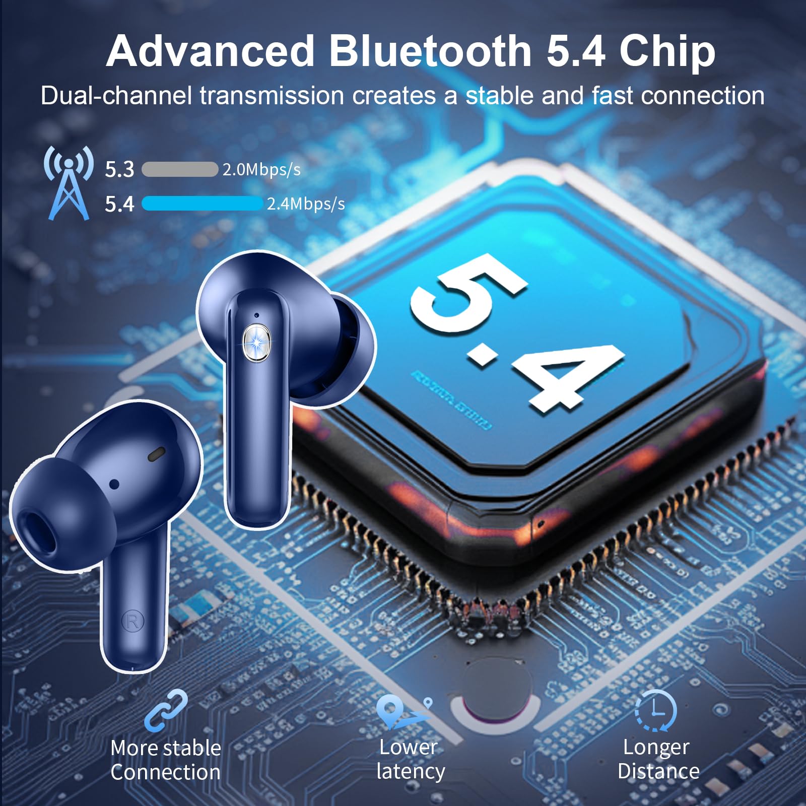 Nerunsa Cuffie Bluetooth, senza fili, Bluetooth, 47 ore, tempo di riproduzione in orecchio, con 4 micron, impermeabili senza fili