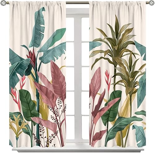 Miniatura 8 de Cortinas de hojas tropicales y flores, estilo retro, hojas de plátano verde, con diseño de paisaje tranquilo, bolsillo para barra, cortinas opacas