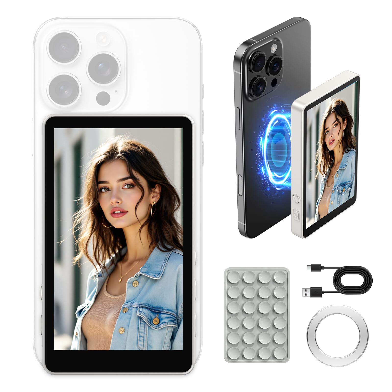 Vlog Screen:Monitor Selfie Magnetico 4K Fotocamera Posteriore,Mirroring per iPhone&Android(NON per Google Pixel),Telecomando Bluetooth,Display 4.02",3.5H Batteria,WiFi Dual Band,Ricarica Type-C