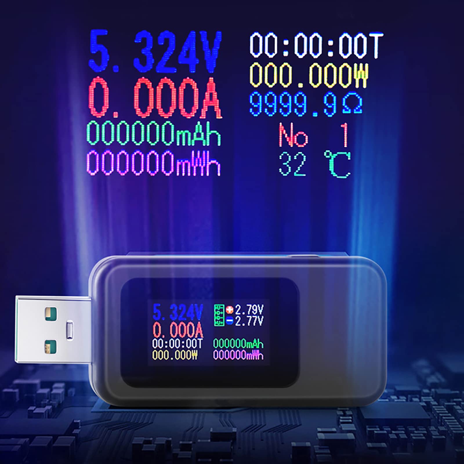 WANGCL Cyfrowy tester USB z kolorowym wyświetlaczem Tester napięcia USB, miernik prądu, tester mocy USB, tester pojemności baterii, obsługa szybkiego ładowania 65 W/120 W, czarny