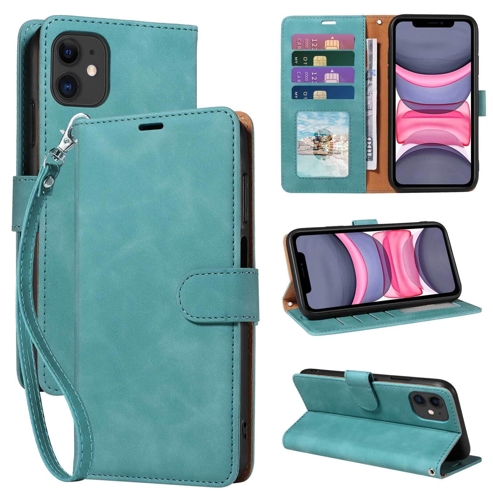 GOTOURED for iPhone 11 Phone Case Wallet, RFID Blocking 4 Card Slots, Wrist Strap, Kickstand, Magnetic Closure
