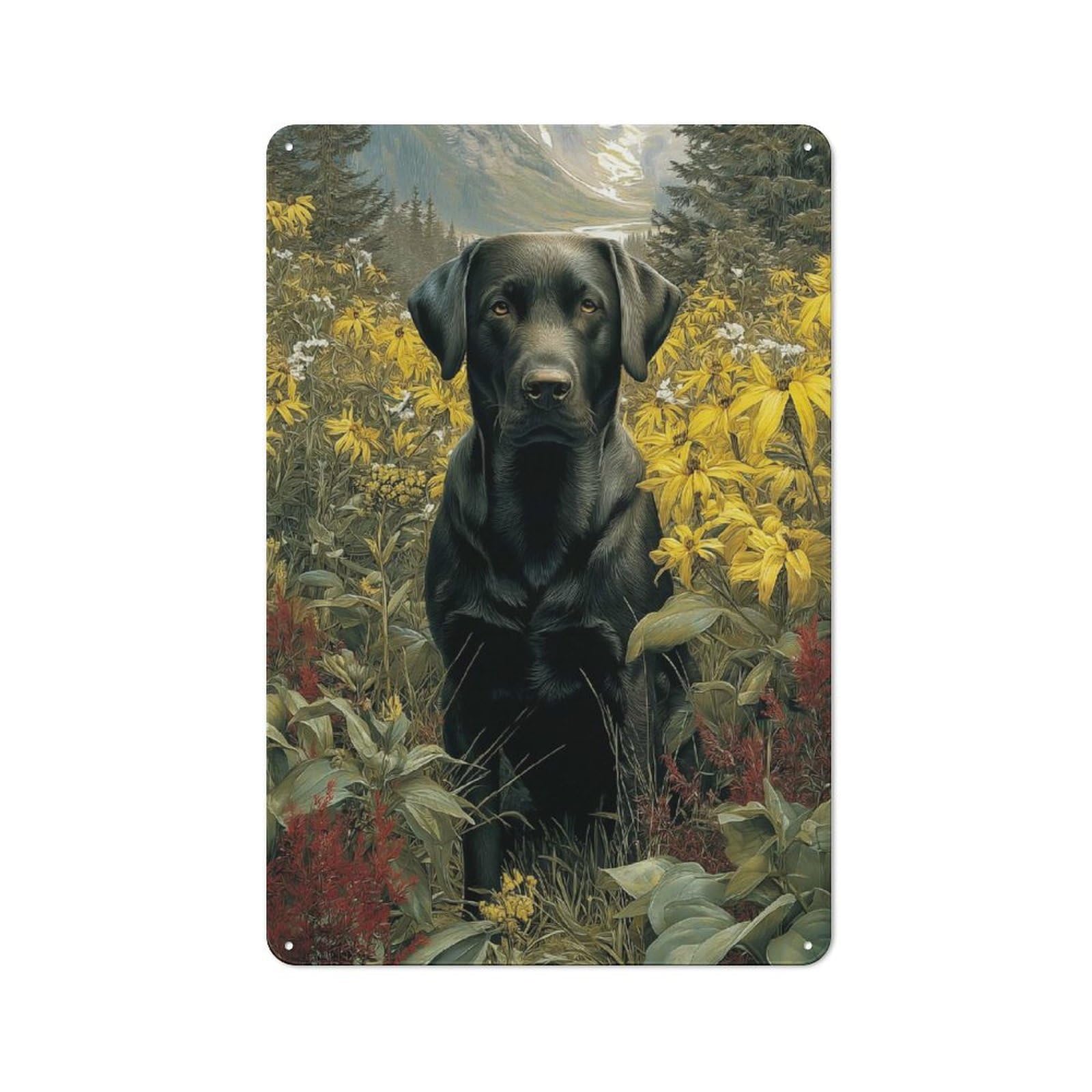 Junmoney Style-24 Black Labrador In A Floral Meadow Retro-Style Tin Wall Plaque 30X20cm For Café Or Home Bar, For Themed Interiors In Cafés And Home Bars