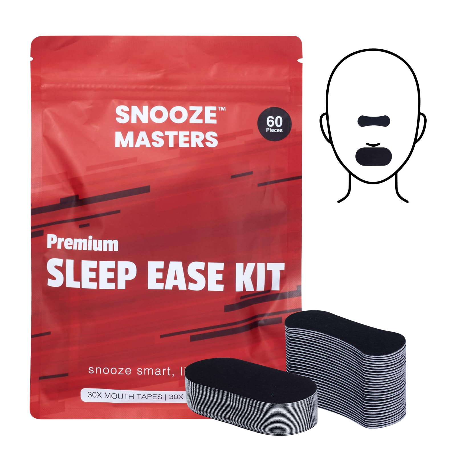Premium Snore Strips Kit - 60 Pieces: 30 Nose Strips and 30 Mouth Tape for Sleeping and Improved Breathing, Hypoallergenic Anti Snoring Solution - Mouth and Nose Tape to Reduce Snoring