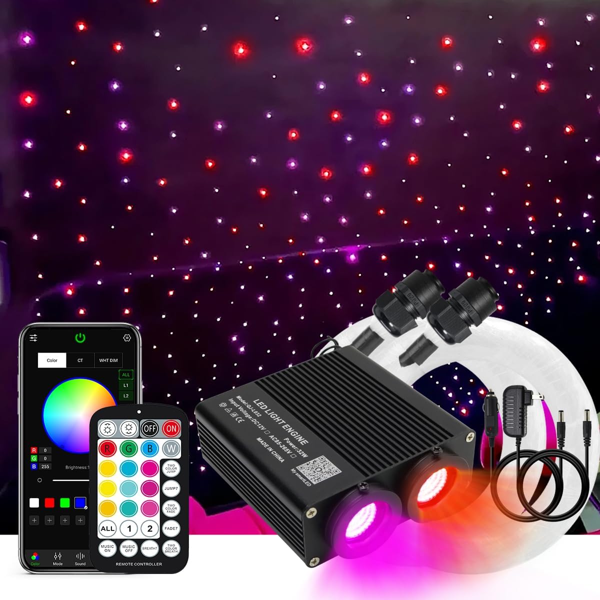 AKEPO Car Home Small Size 32W Dual-Port Different Color Music Activated Fiber Optic Lights, 600pcs of 0.03in 9.8ft Optical Fibers+RGBW Sound Activated Fiber Optic Star Headliner Ceiling Light Kit