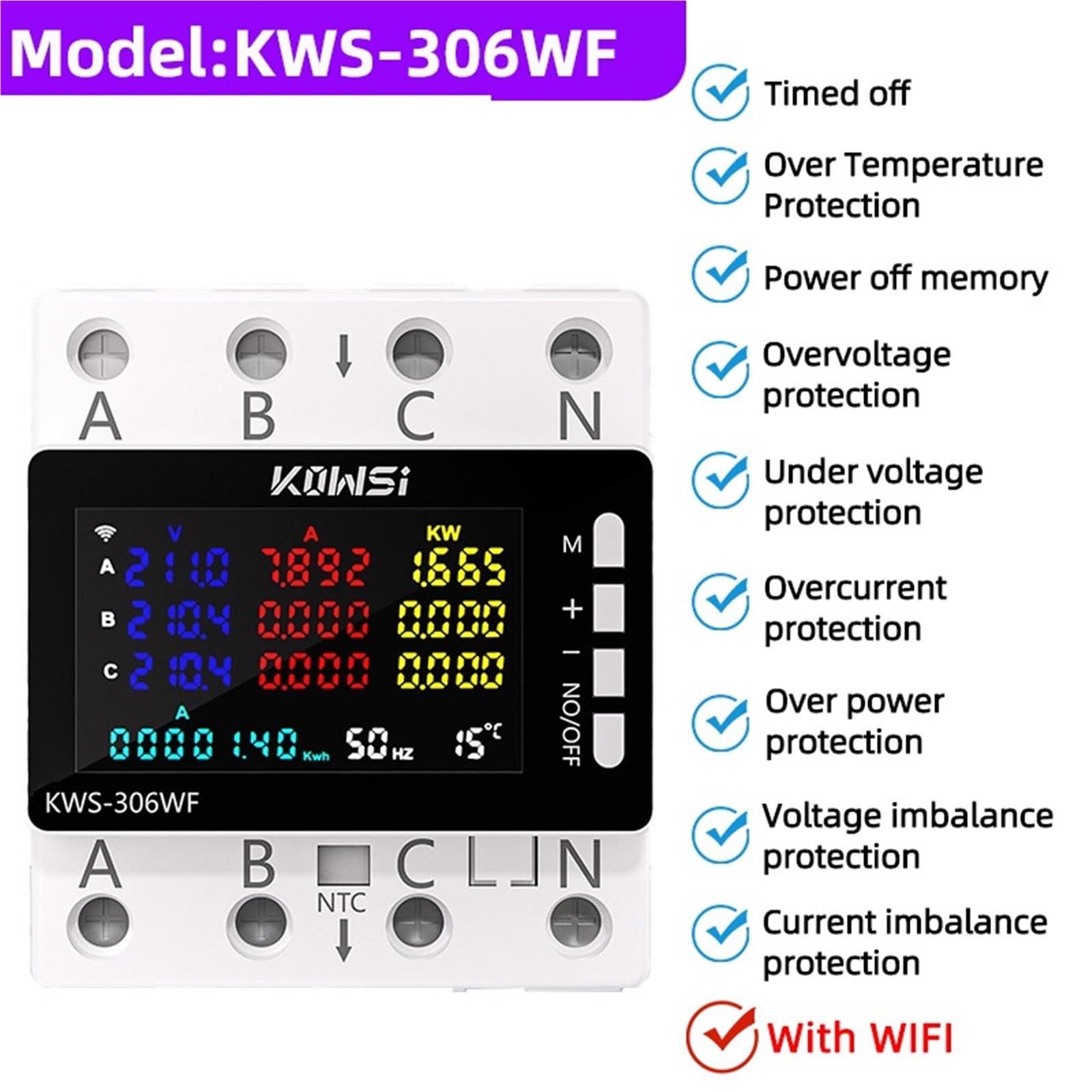 KWS-306 Contatori di wattora digitali Contatore elettrico Smart Life Contatore di energia trifase a quattro fili Contatore di energia Contatore di potenza CA(KWS-306WF with wifi)