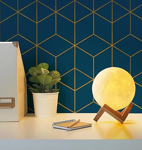 Miniatura 5 de Safiyya Papel tapiz dorado y azul oscuro, papel de contacto geométrico para despegar y pegar, papel tapiz texturizado autoadhesivo extraíble, papel