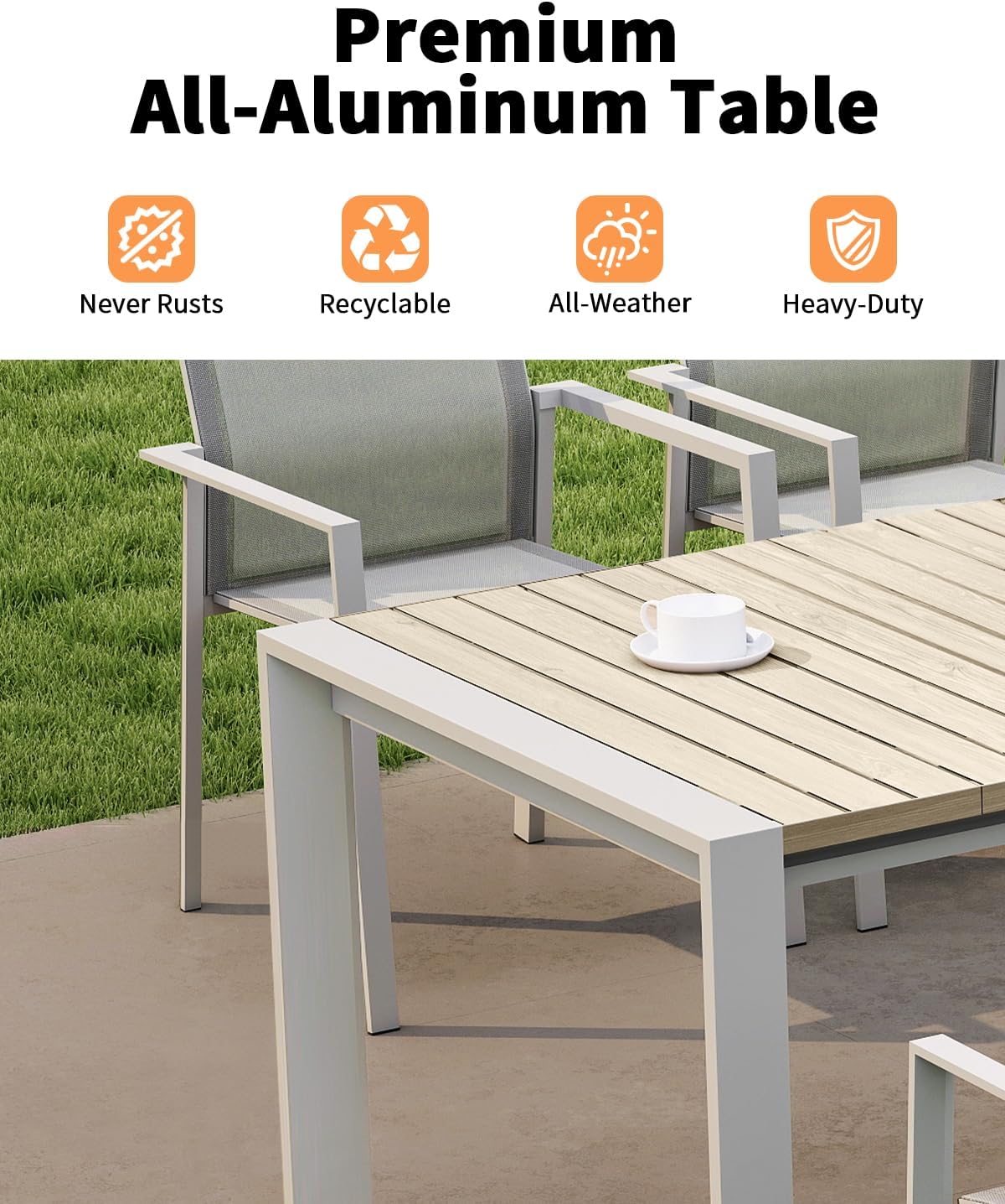 Extendable Outdoor Dining Table for 6-10 Person, 85"-107" Oversized Rectangular Patio Dining Table, Never-Rust Aluminum Expandable Dining Table with Wood Grain Tabletop for Deck, Garden, Porch
