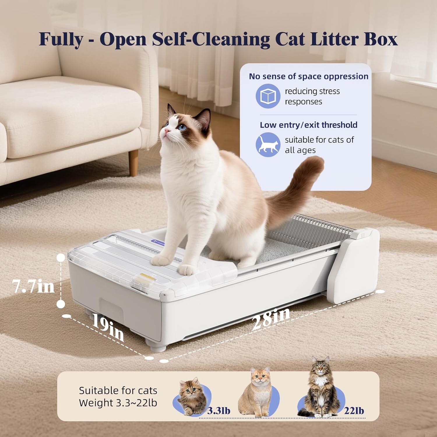 Robotail Open Top Automatic Litter Box, Self Cleaning Cat Litter Box with Roomy Space for Large Cats+Vis Waste Bin, XXL Electric Cat Litter Box Automatic Cleaning for Multi Cats, Auto Litter Box