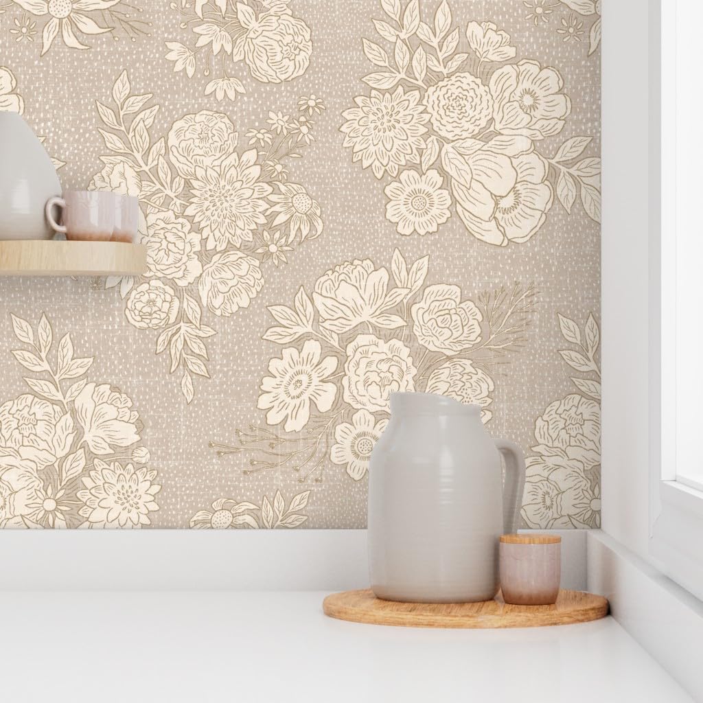 Peel & Stick Wallpaper 3ft x 2ft - Vintage Peony Country Floral Botanical Neutral Rustic Boho Tan Taupe Custom Removable Wallpaper by Spoonflower
