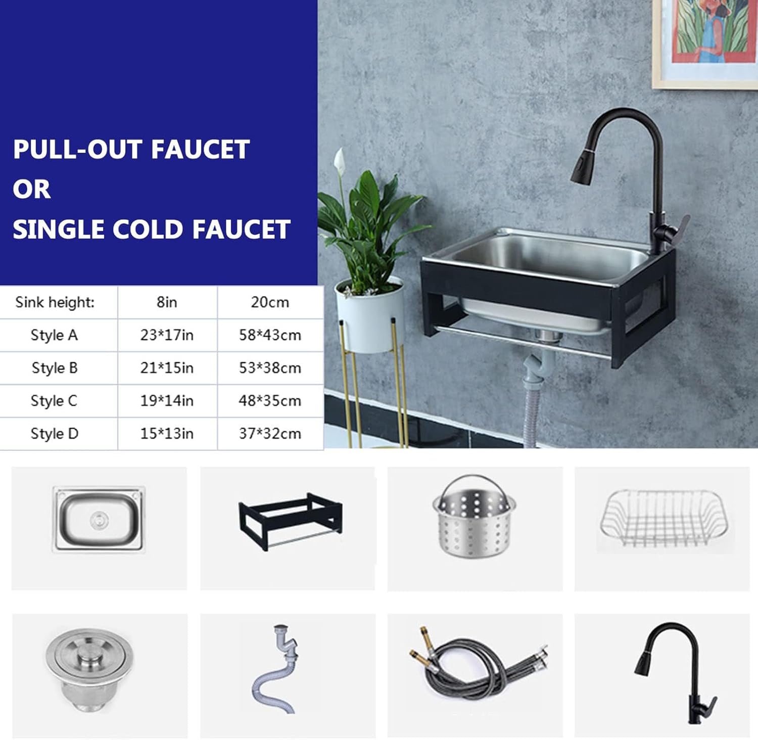 Wall Mounted Sink with Pull Out Faucet, Ideal for Garage, Garden, Kitchen, Laundry, Outdoor Use
