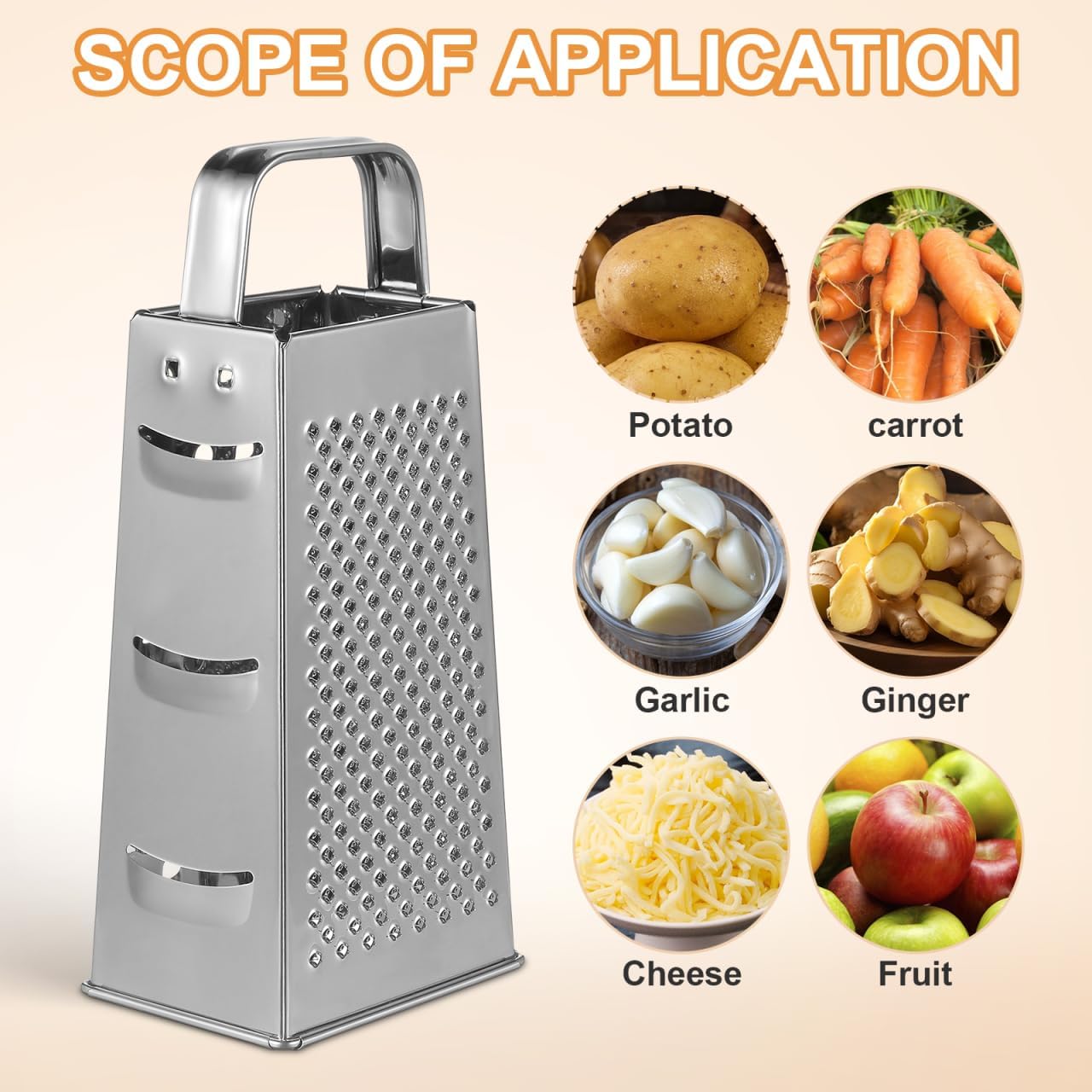 MAGICLULU 8-Inch Box Cheese Grater with Handle - Heavy Duty Stainless Steel 4-Sided Vegetable Slicer, Shredder & Zester, Potato & Citrus - Multipurpose Manual Kitchen Food Tool