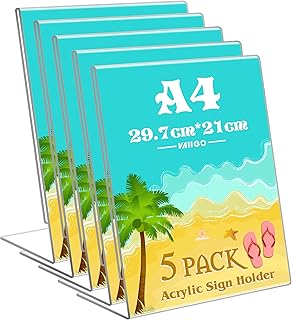VAIIGO A4 Acrylic Sign Holder Poster Menu Holder, L-Shape Perspex Leaflet Display Stand for Table, Counter, Restaurant, Hotel, Office, Store, Wedding Desktop Display Sign Holder, Clear Base, 5Pack