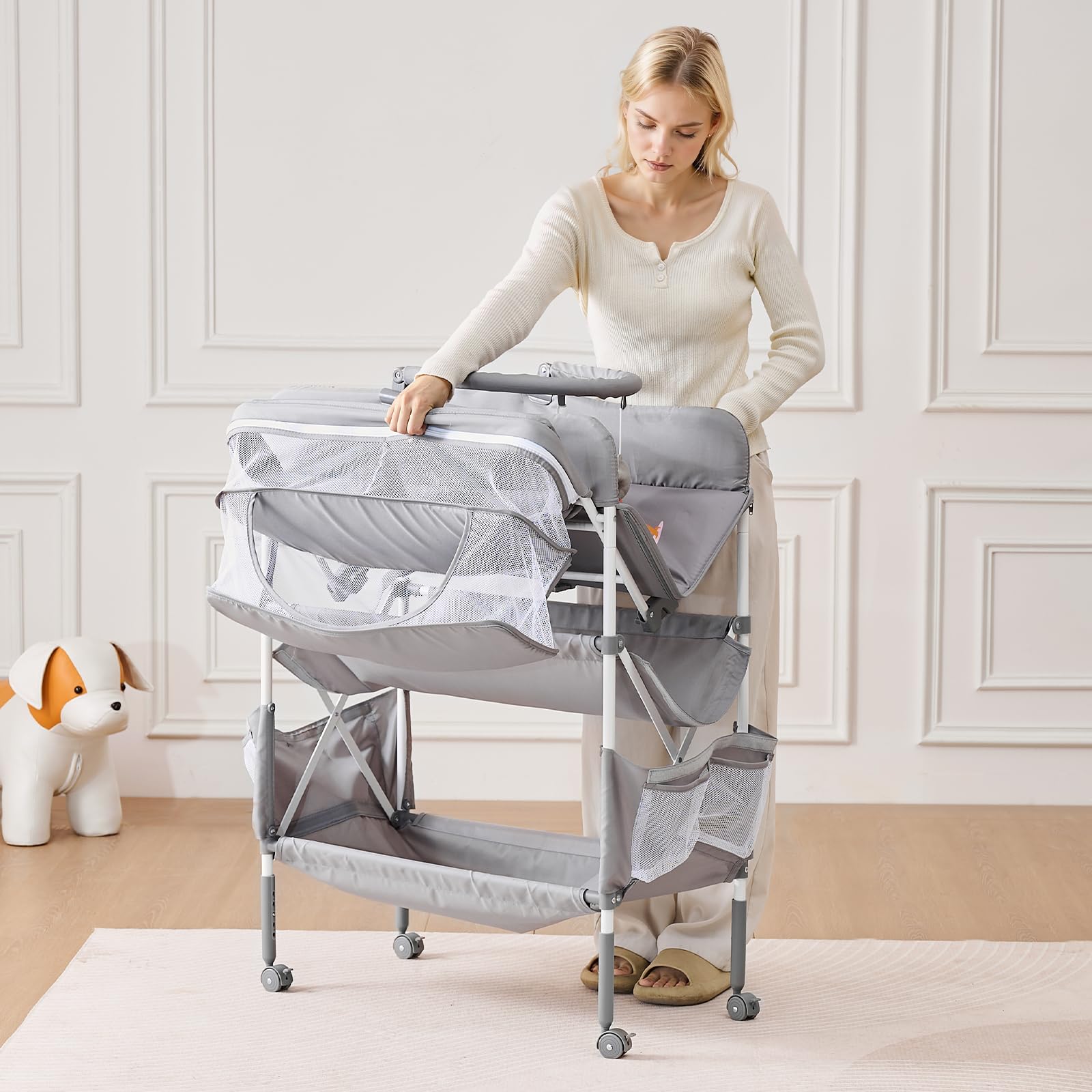VEVOR Table à langer pour bébé, station à langer pliable avec 2 tiroirs en tissu, panier latéral et tringle, table à langer portable à hauteur réglable avec roulettes verrouillables et 2 jouets en