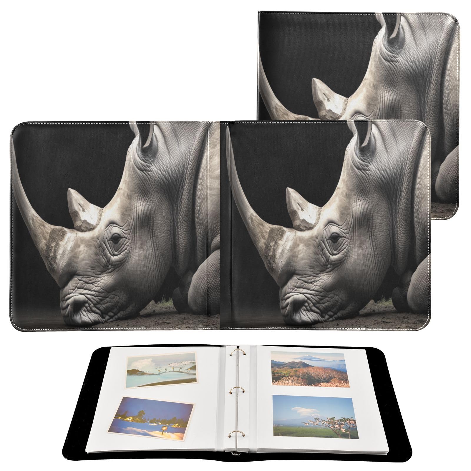Kigai White Rhinoceros Photo Album Self Adhesive Scrapbook Album Leather Cover DIY Picture Scrap Book with 20 Adhesive Sheets, 11.8x24x0.8 inch