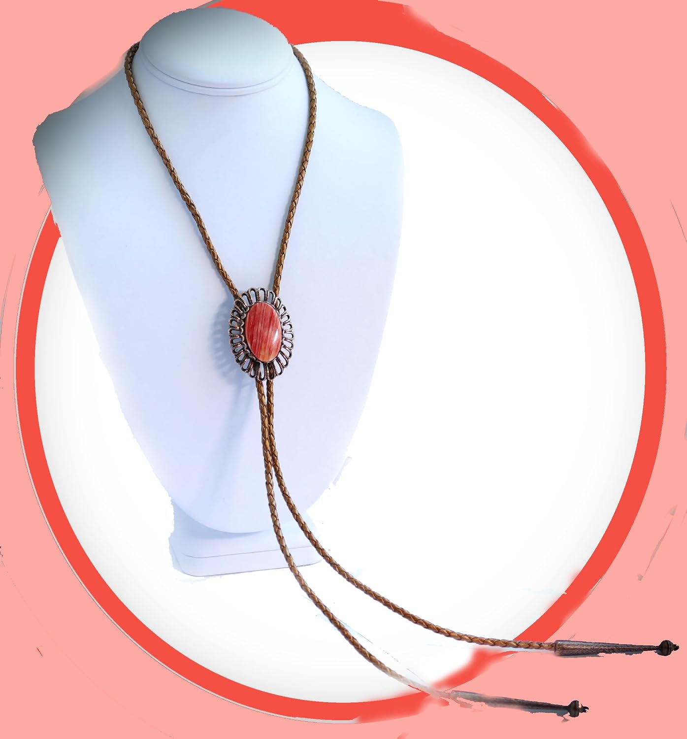 Spiny Oyster is Set in a Wired copper-Tone Bezel for This Bolo Tie With Metallic Leather Son-Colored Cords and Copper-Tone Tips with and 8 mm Ball and Loop on the End