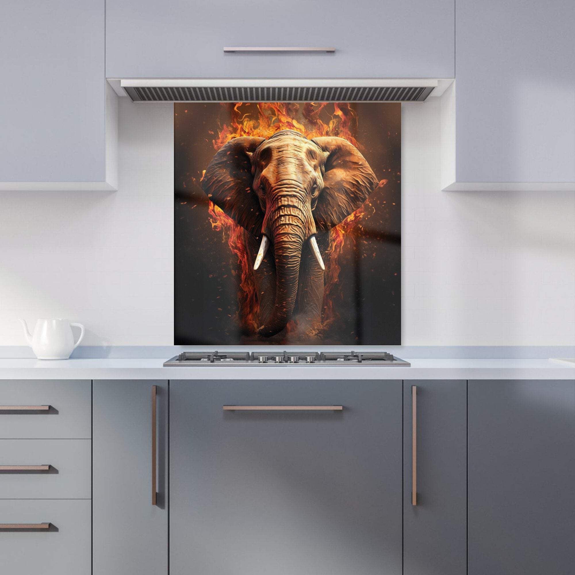 Warren Reed Splashart Elephant and Fire Glass Kitchen Splashback - 65 x 70cm - Orange