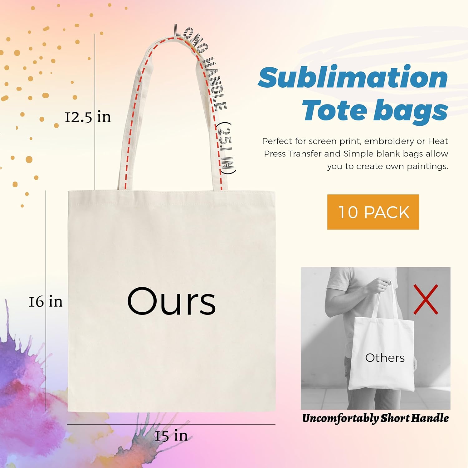 Joyclub 10 Pack Sublimation Tote Bags Blanks large 15 x 16 in with Long Handle Reusable Grocery Polyester Bags For Sublimation Shopping DIY Decorating Crafting Natural Color - Image 3