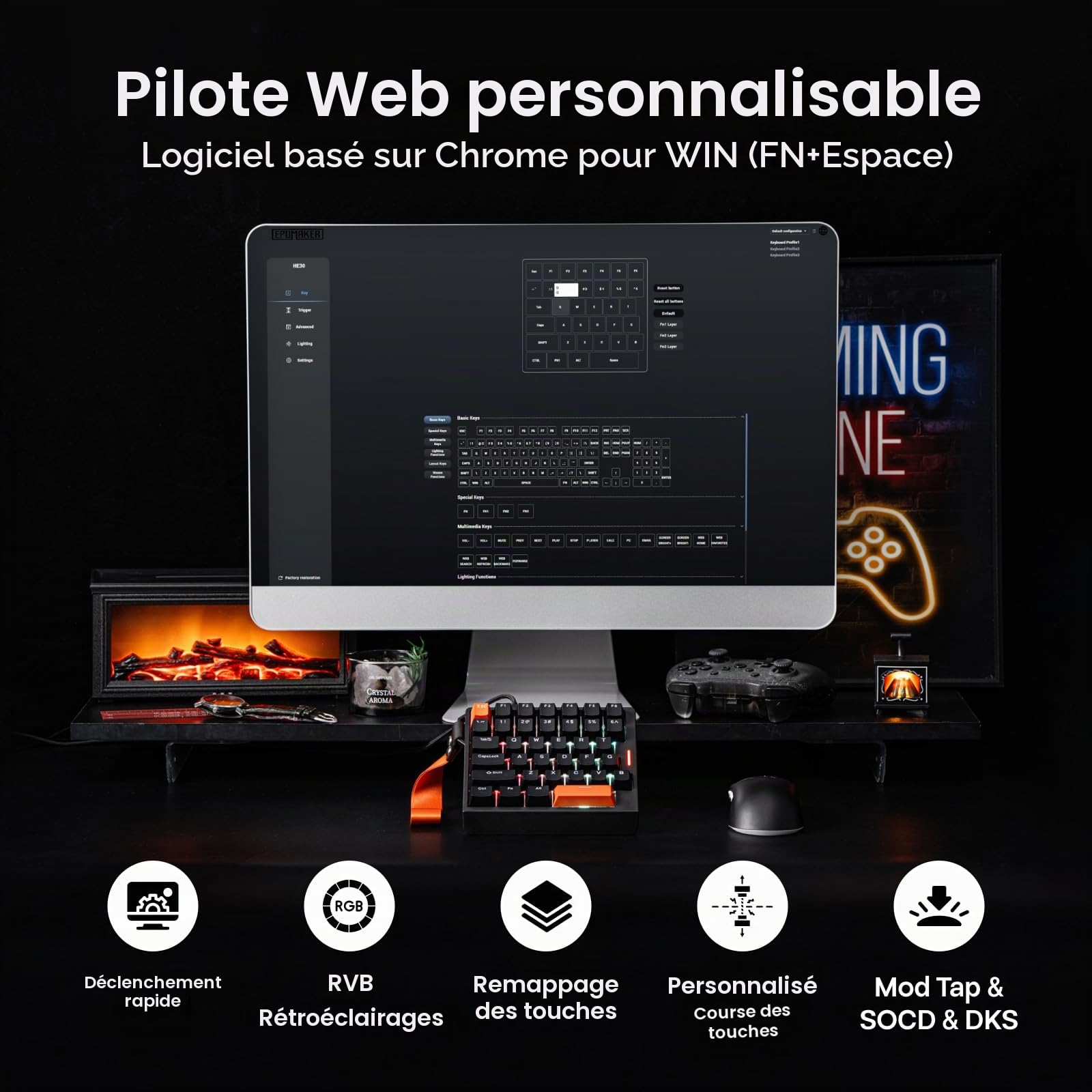 EPOMAKER HE30 Clavier à Effet Hall à Une Main, Interrogation 8K&0,125ms