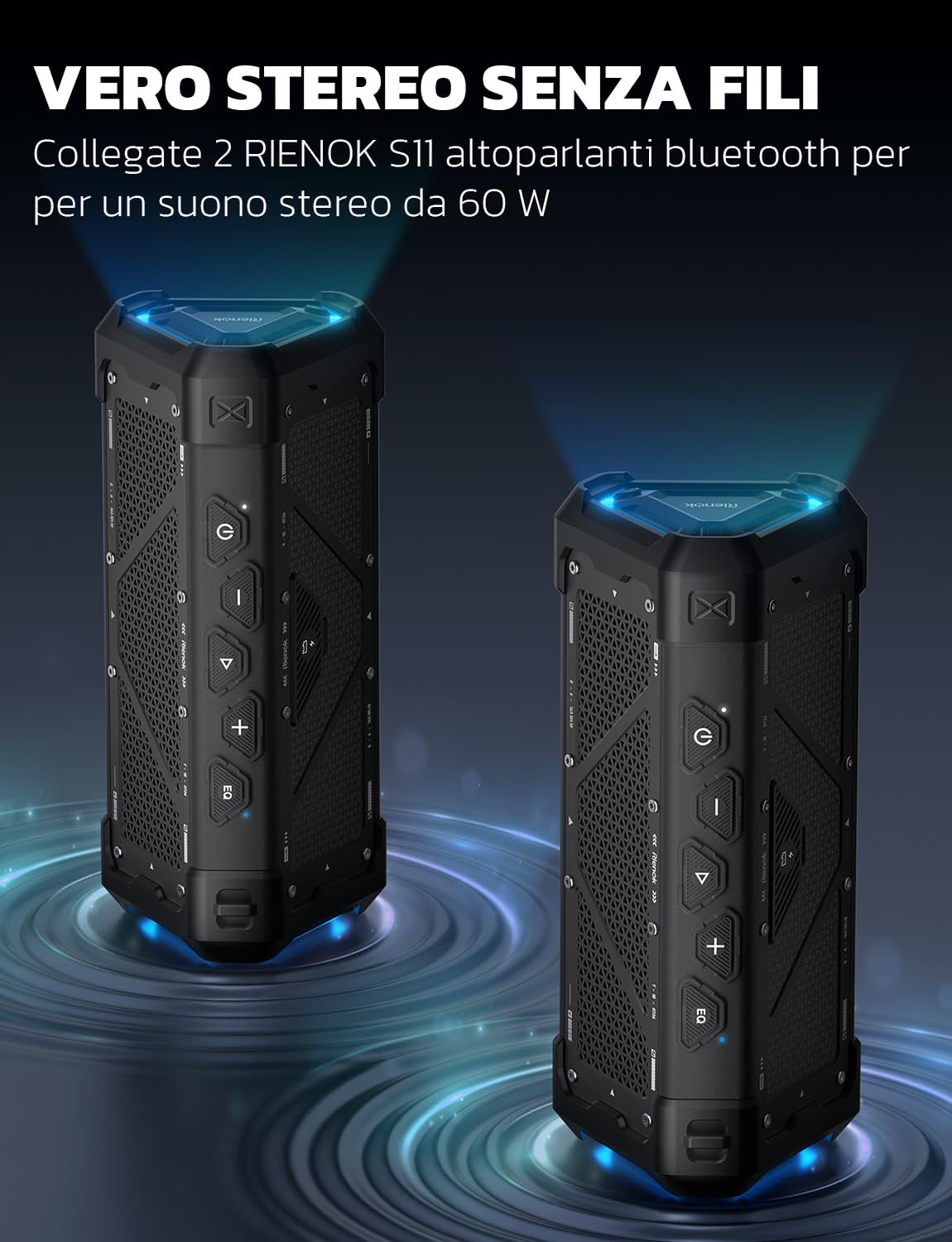 RIENOK S11 Cassa Bluetooth Potente Portatile IPX7 Impermeabile, Modalità Voce/Musica/Basso, Modalità Audio USB, Vero Stereo Senza Fili, Luce LED, Supporta TF, Ricaricabile Tipo-C