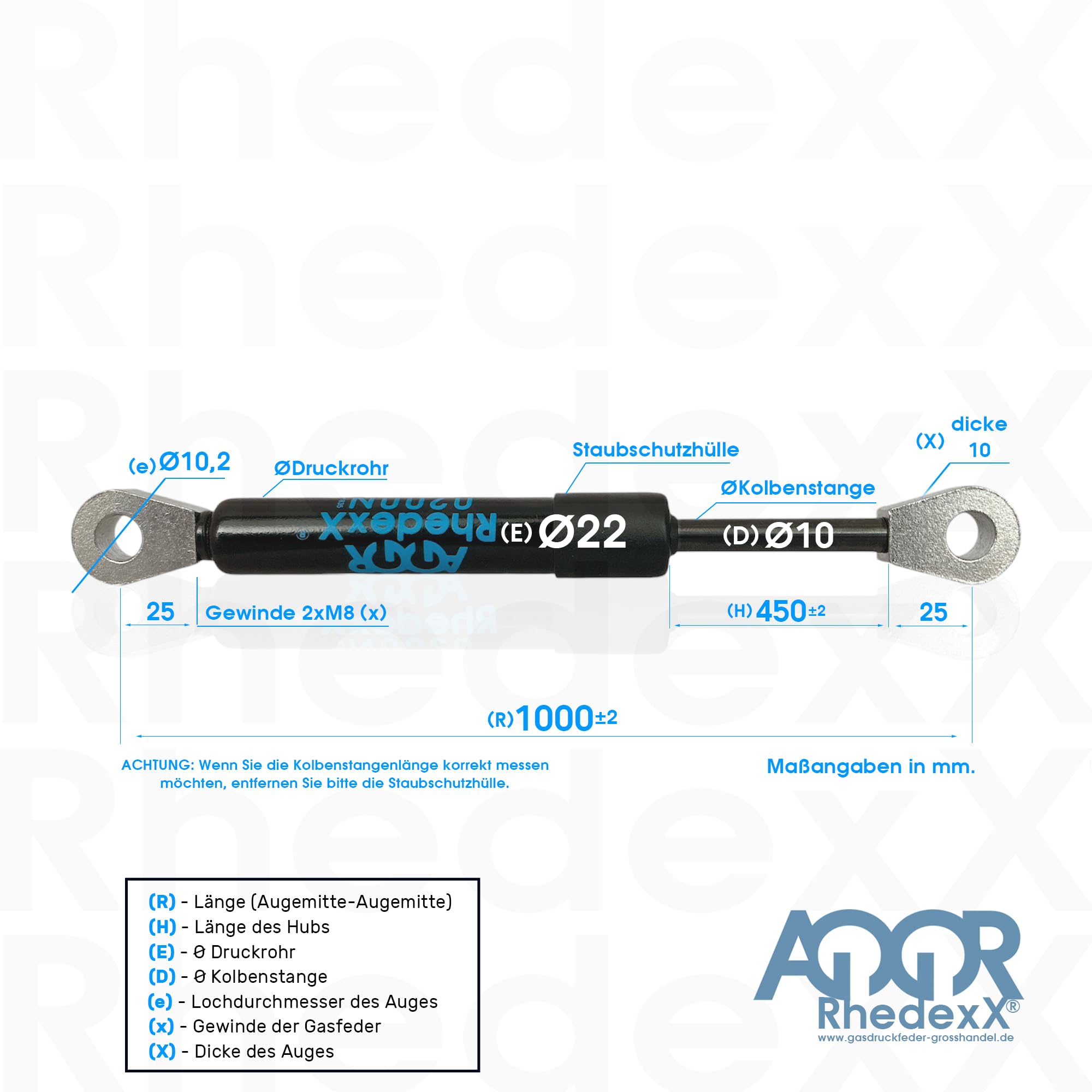 Molla di pressione a gas 1000 mm/450 mm/100N-900 N, ammortizzatore a gas con occhio piatto e giunto M8, lunghezza 1000 mm, corsa – 450 mm, potenza: 100N-900N (900N, Ø 10,2 mm)